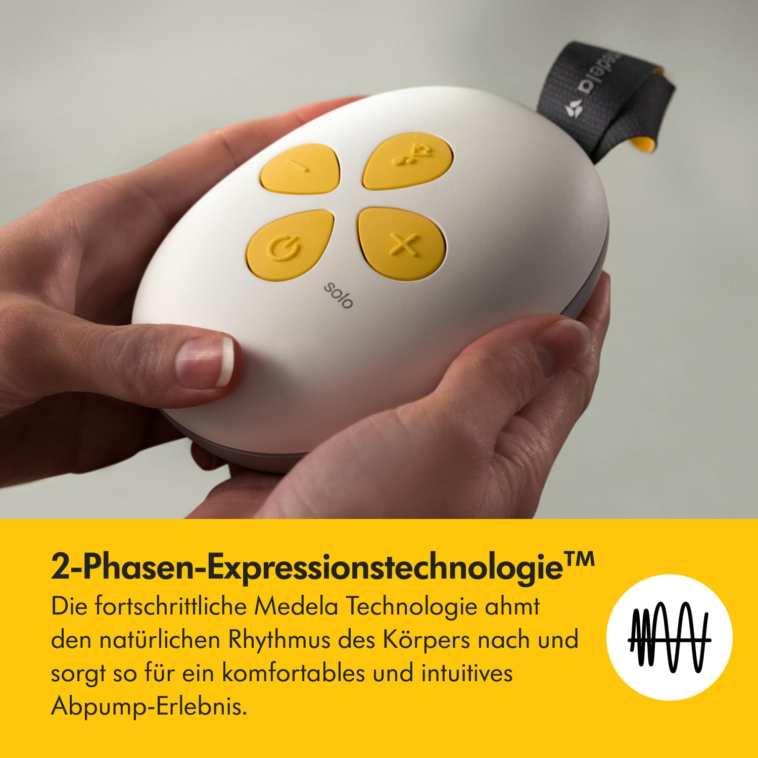 Eine weiße Brustpumpe mit gelben Knöpfen wird in Händen gehalten. Text unten beschreibt die 2-Phasen-Expressionstechnologie.