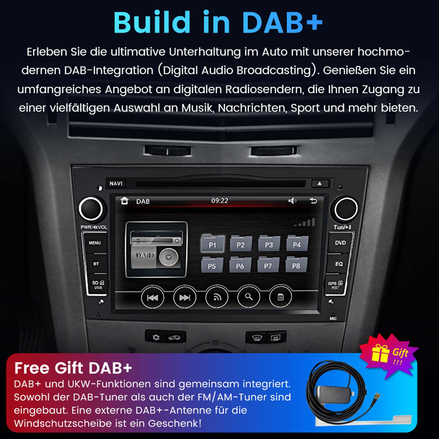 Autoradio mit DAB+-Funktionen, Tasten und einem Bildschirm. Enthält ein Geschenk einer Antenne und Text über DAB+ Funktionen.