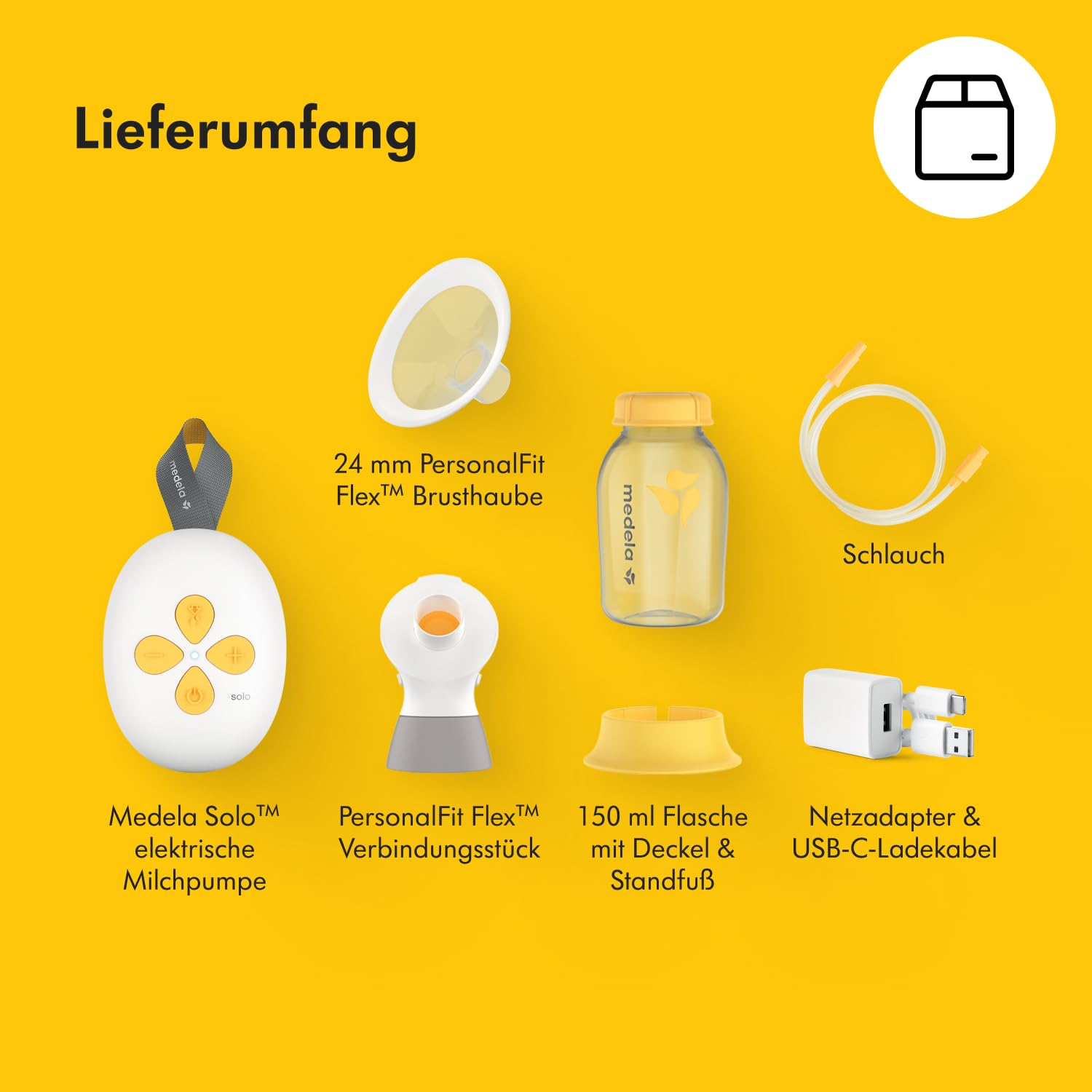 Das Bild zeigt ein Brustpumpen-Set mit Komponenten wie Pumpe, Flasche, Schläuchen, Adapter und Brusthaube, alles auf gelbem Hintergrund.