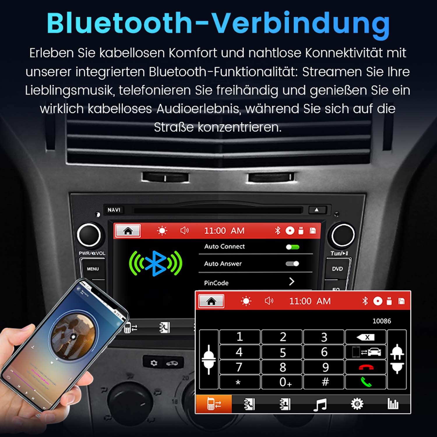 Autoradio mit Bluetooth, verbundenes Telefon spielt Musik. Schnittstelle zeigt Einstellungen und eine Tastatur.