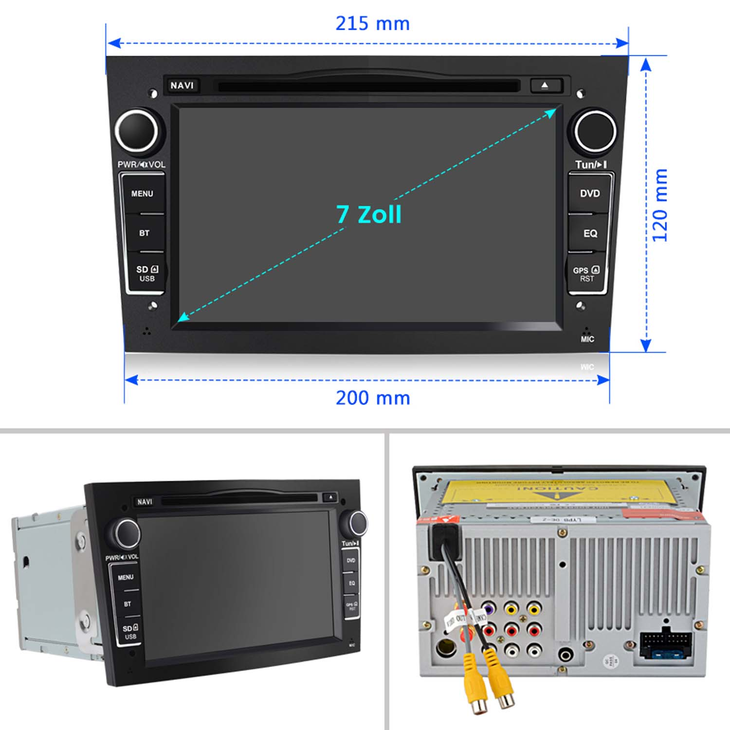 Autoradio mit Knöpfen und Bildschirm. Abmessungen: 215x120 mm. Der Bildschirm ist mit 7 Zoll beschriftet. Weitere Teile sind ebenfalls abgebildet.