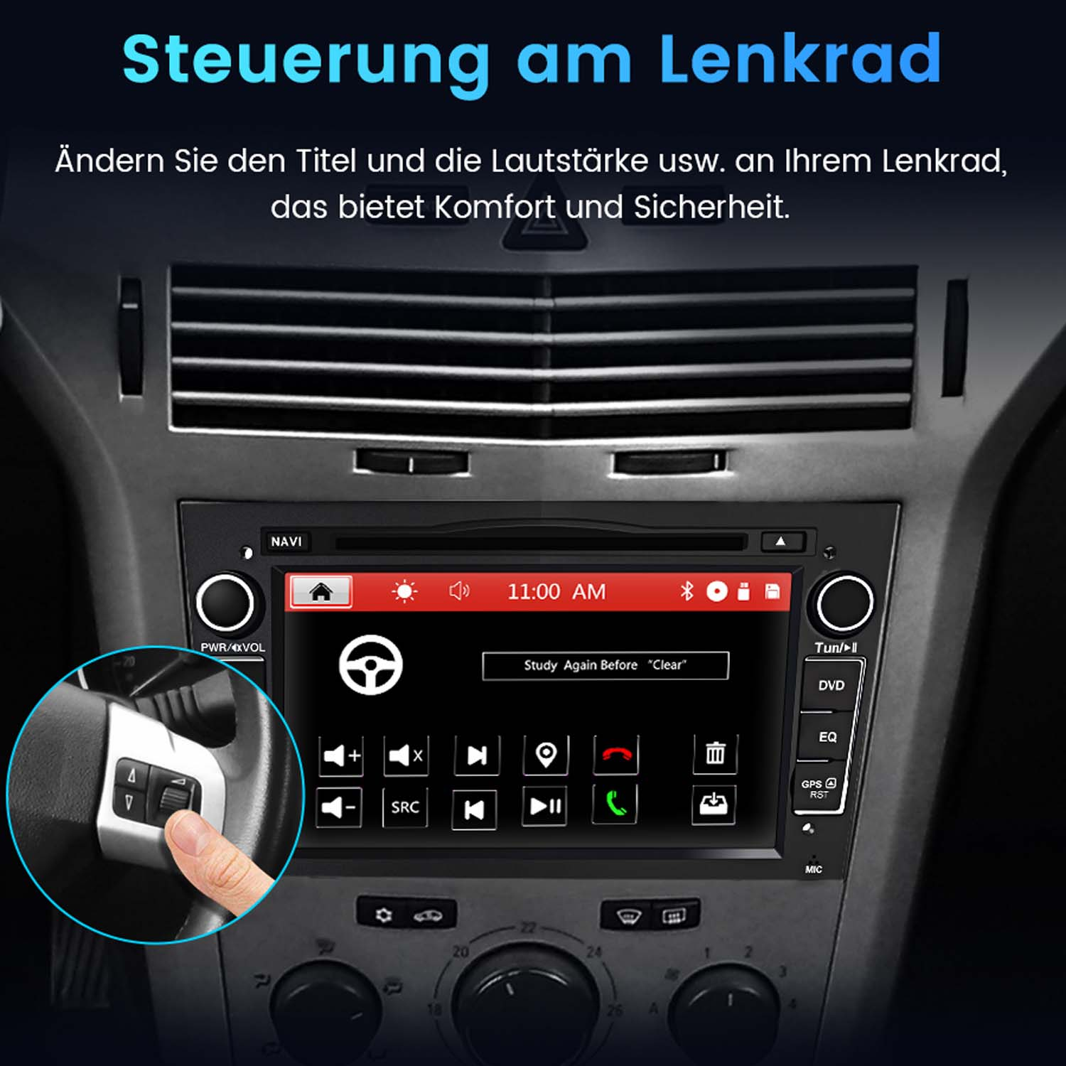 Armaturenbrett mit Lenkradsteuerung, zentralem Display und Hand, die eine Taste drückt.