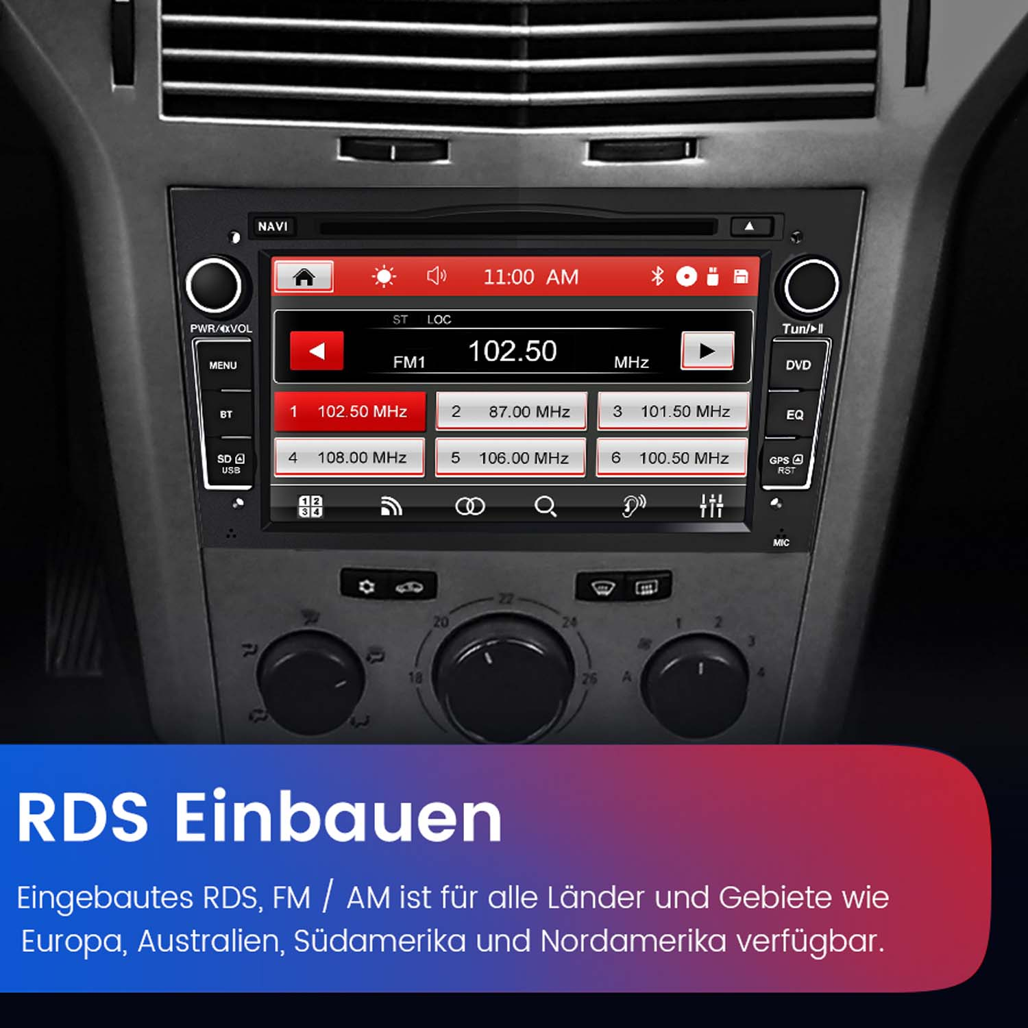 Autoradio mit Bildschirm, Knöpfen und Drehreglern. Zeigt UKW-Radiofrequenz an. Unten steht RDS Einbauen.