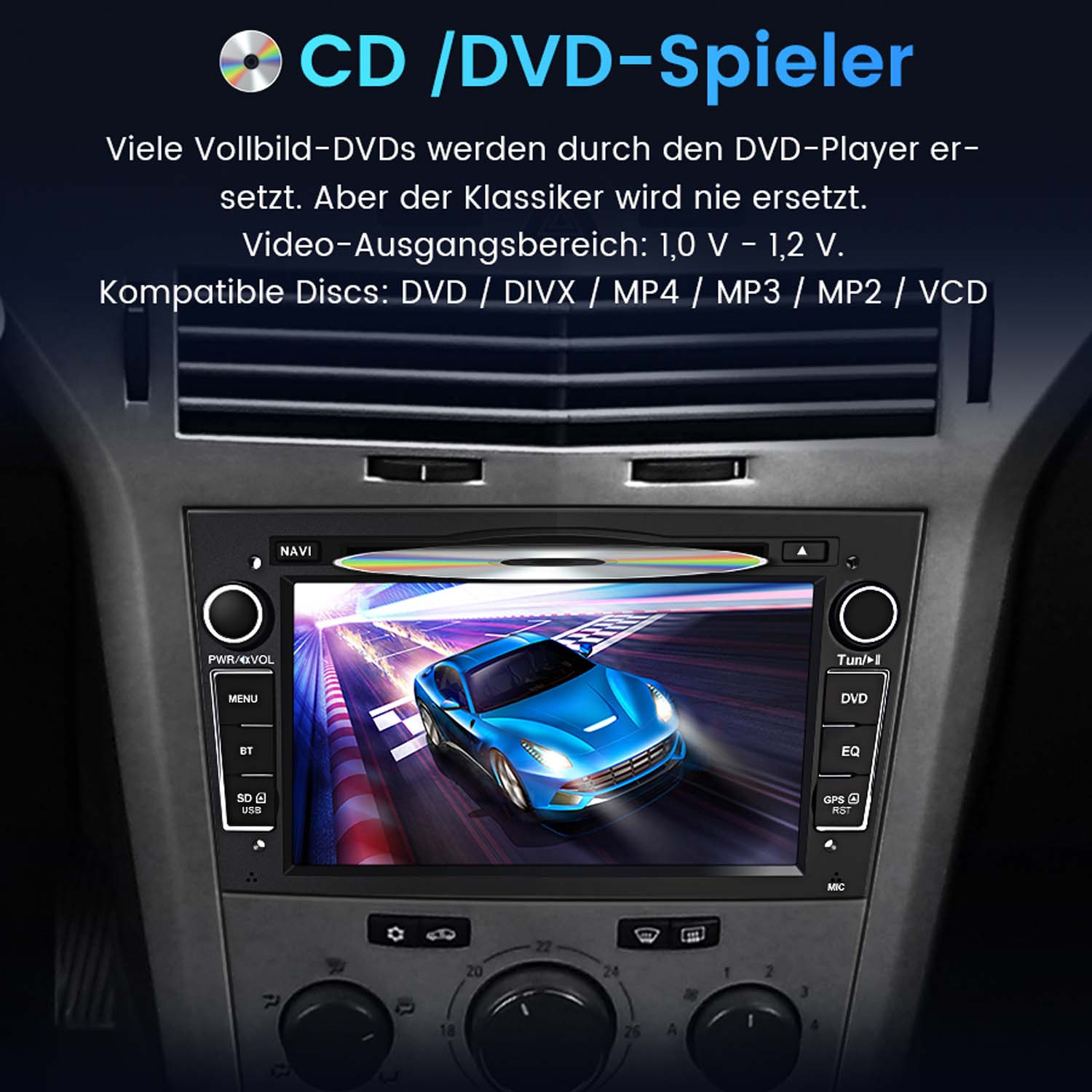 Autoradio mit blauem Auto auf dem Bildschirm. Knöpfe, Drehregler und Text sind sichtbar. Der obere Text lautet CD/DVD-Player.