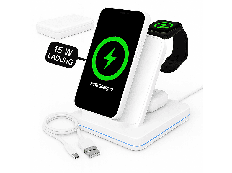 TRMK Ladestation Universal 3in1 Induktive 3in1 Ladestation Apple, Samsung, Google, Xiaomi, Huawei, Sony, JBL, Nothing, OnePlus, Motorola, Nokia, weiß
