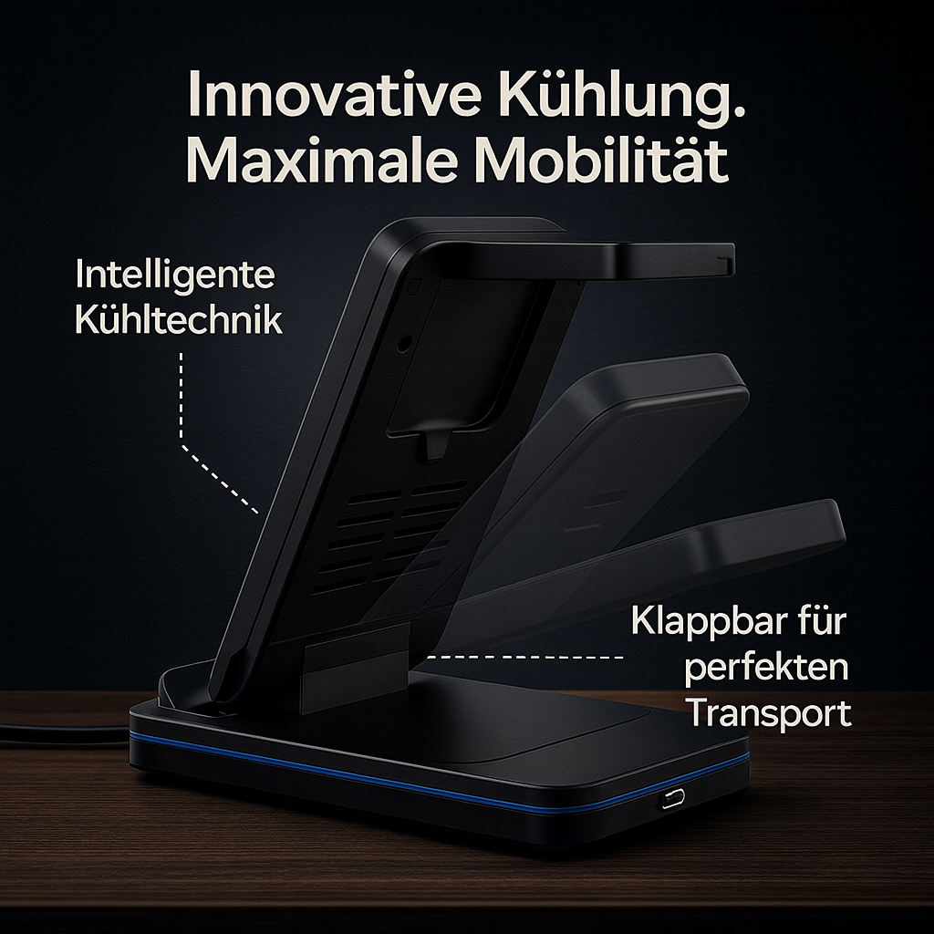 Ein schwarzer, zusammenklappbarer Ladeständer mit blauen Akzenten. Der Text auf Deutsch weist auf innovative Kühlung und Mobilität hin.