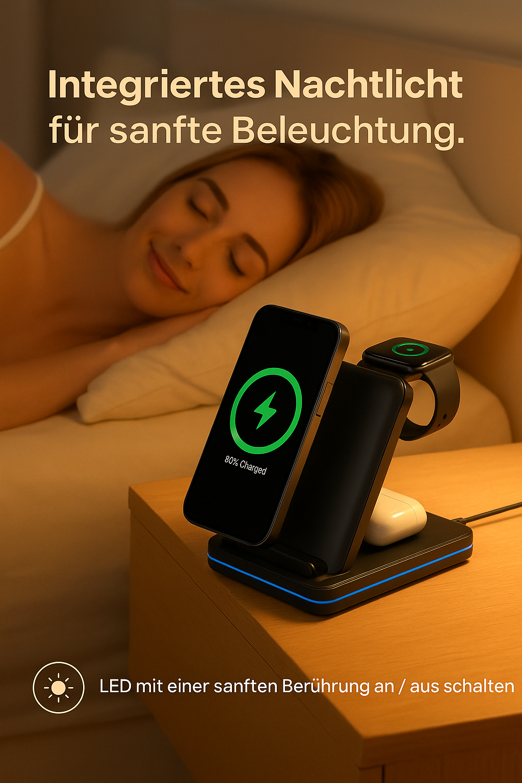 Eine Frau schläft neben einer Ladestation mit Telefon, Uhr und Ohrhörern. Das Telefon zeigt 80 % geladen an. Text: 'Integriertes Nachtlicht'.