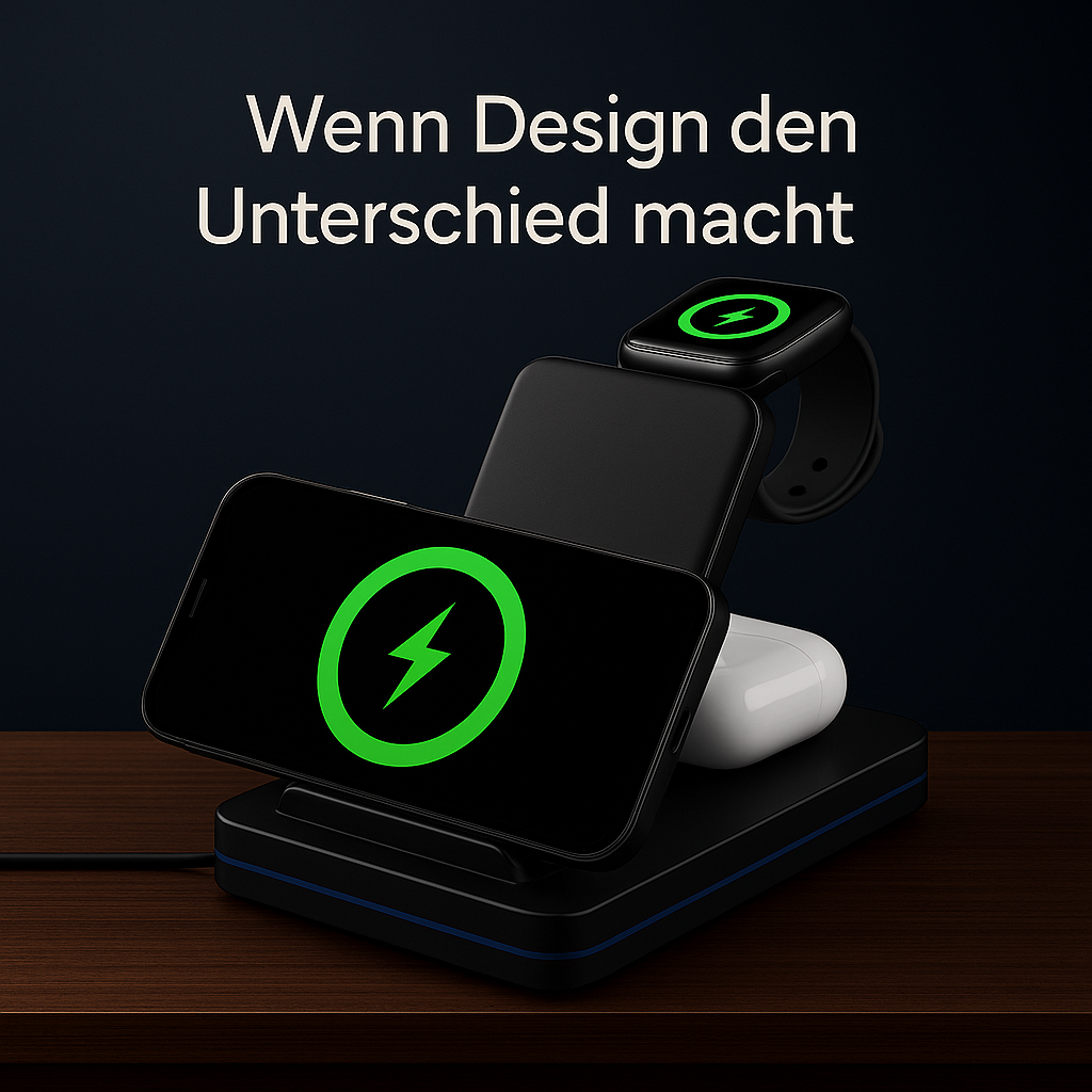 Ladestation mit Telefon, Uhr und Ohrhörern. Jedes Gerät zeigt ein grünes Ladesymbol. Der Text oben lautet 'Wenn Design den Unterschied macht'.