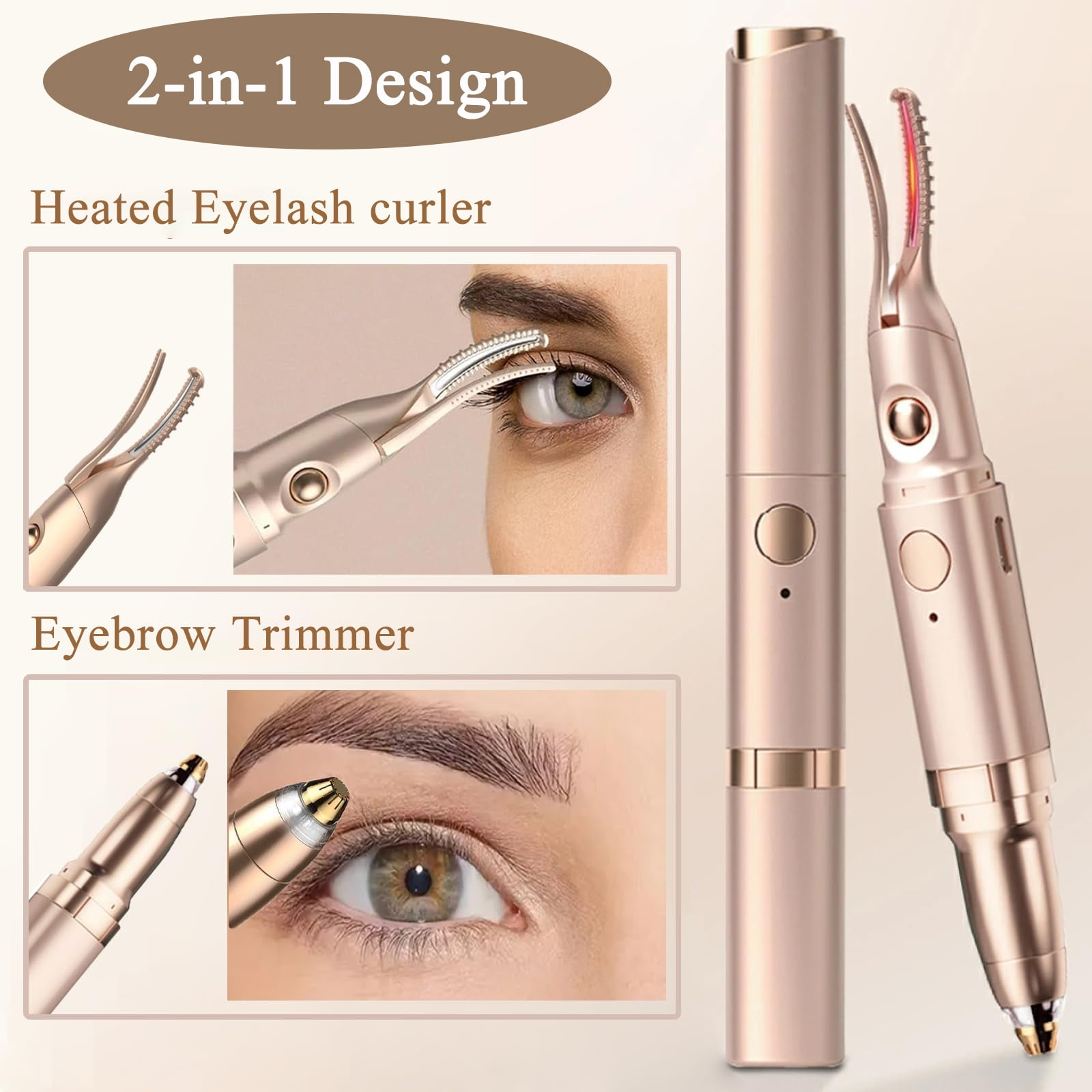 Das Bild zeigt ein 2-in-1-Design-Beauty-Tool. Es hat einen Wimpernformer und Augenbrauentrimmer mit Produktbildern und Anwendungsbeispielen.