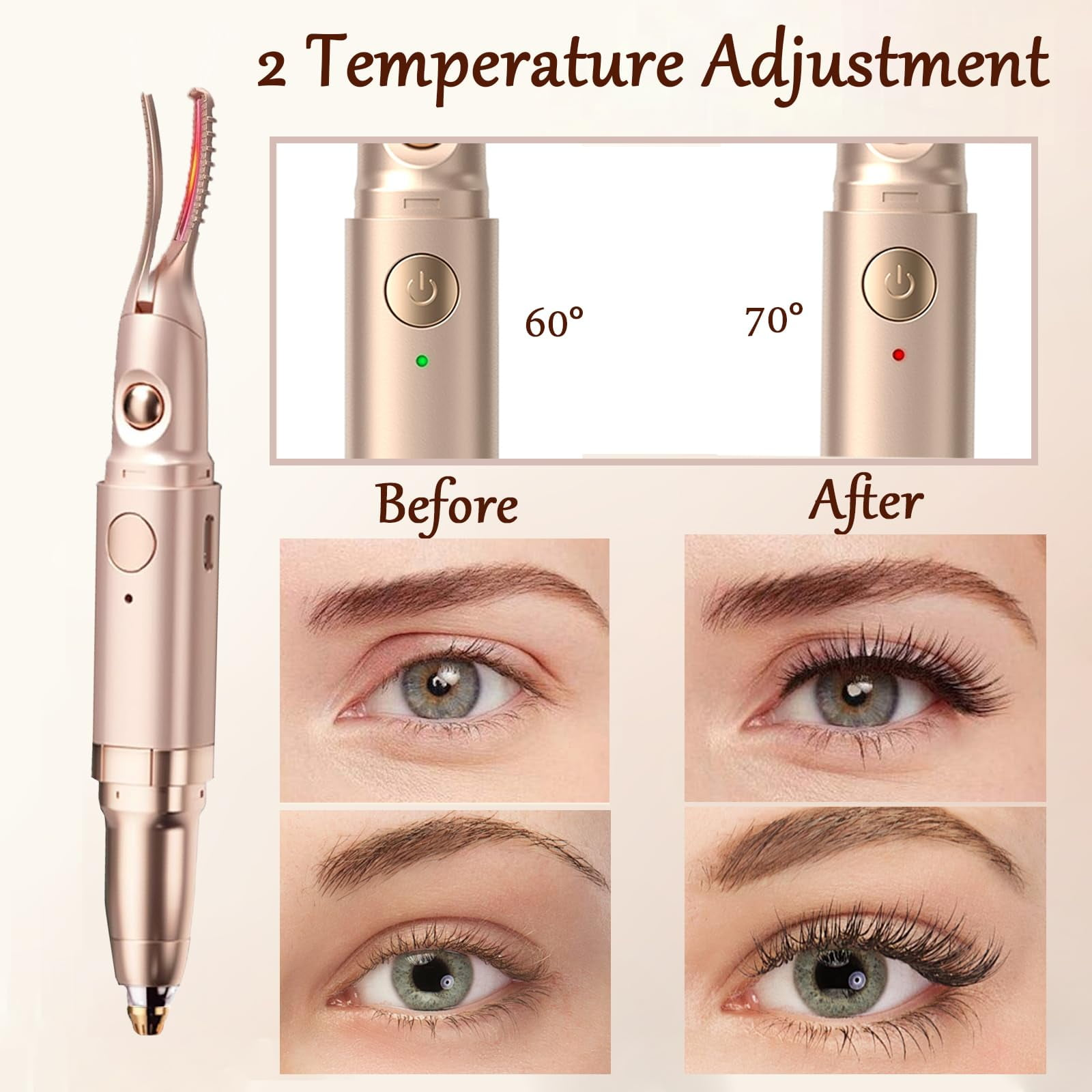Ein Wimpernzange und Vorher-/Nachher-Bilder von Augen. Der Lockenwickler ist goldfarben. Die Augen zeigen die Wirkung.
