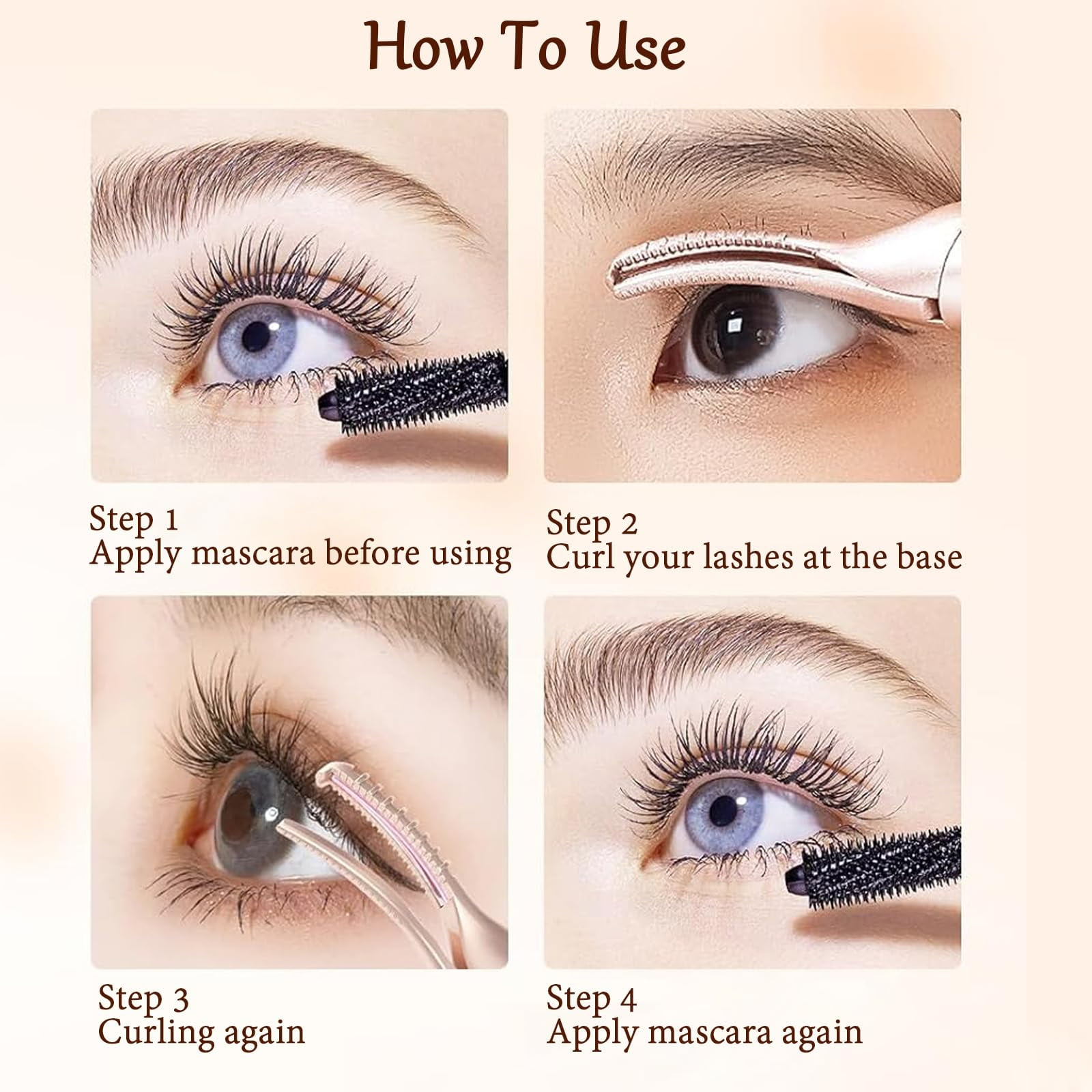 Schritte zur Verwendung eines Wimperncurlers: Mascara auftragen, Wimpern formen, erneut formen und erneut Mascara auftragen. Nahaufnahme eines Auges.