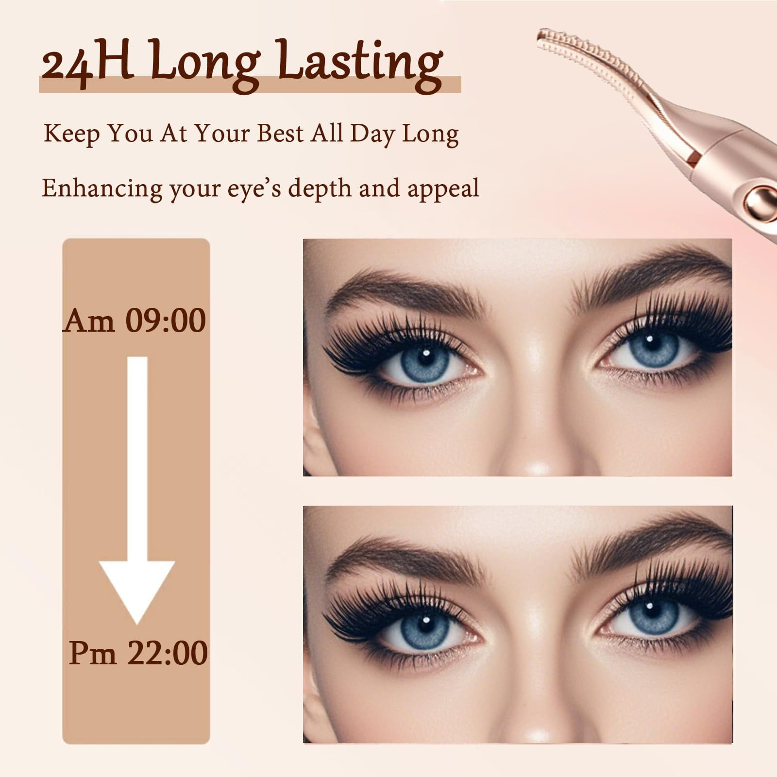 Das Bild zeigt zwei Augenpaare mit langen Wimpern. Text erwähnt 24H Haltbarkeit, 09:00 bis 22:00 Uhr.
