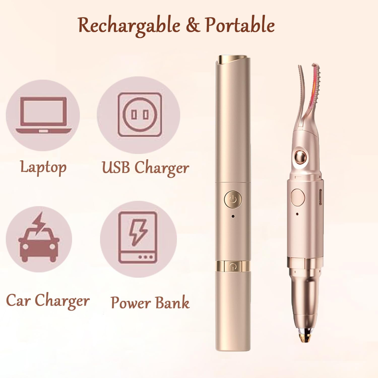 Ein goldener Wimpernzange und ein Zylinder neben Symbolen für Laptop, USB-Ladegerät, Autoladegerät und Powerbank, Text: Wiederaufladbar & Tragbar.