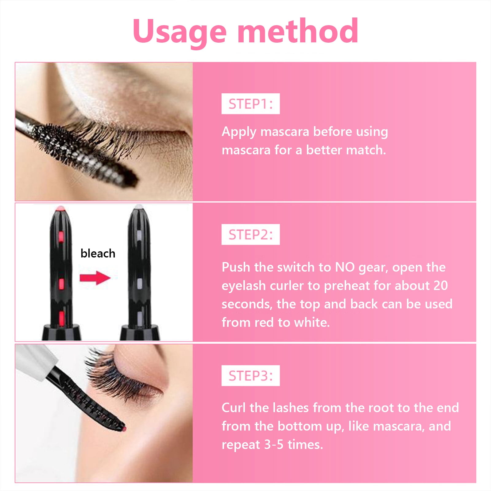 Das Bild zeigt Mascara-Anwendungsschritte. Zuerst Mascara auftragen. Dann Wimpernzange vorheizen. Zum Schluss Wimpern am Ansatz biegen.