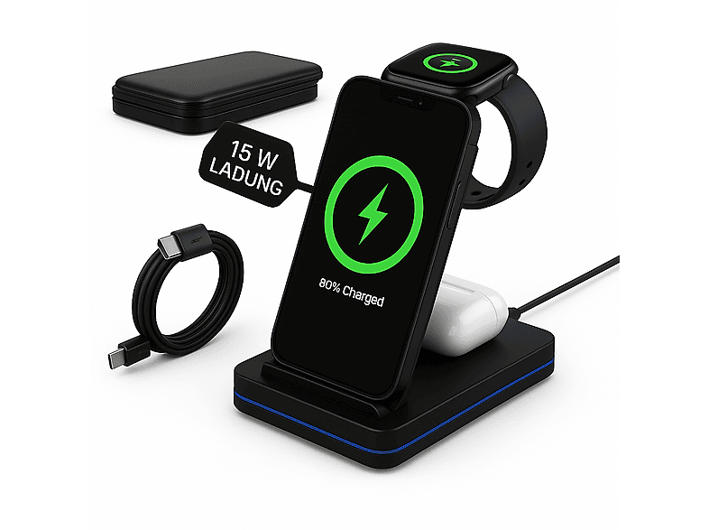 TRMK Ladestation Universal 3in1 Induktive 3in1 Ladestation Apple, Samsung, Google, Xiaomi, Huawei, Sony, JBL, Nothing, OnePlus, Motorola, Nokia, schwarz
