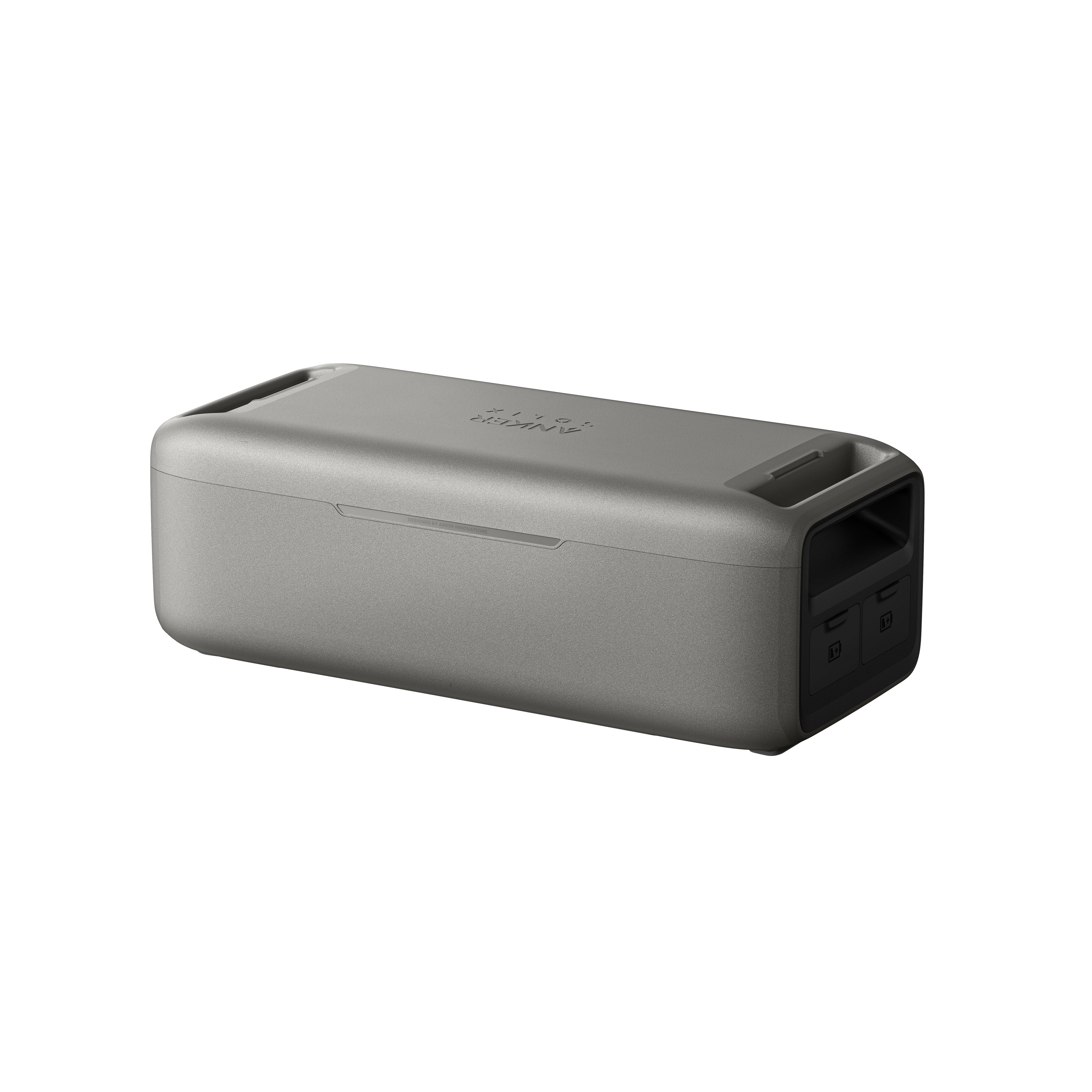 Szare prostokątne urządzenie z zaokrąglonymi rogami, logo Anker jest widoczne na górze. Na białym tle.