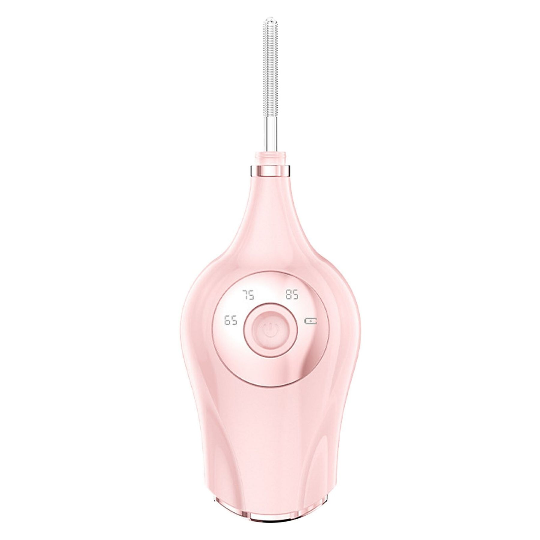 Ein pinkfarbener Wimpernformer mit silbernem, kammähnlichem Heizelement und Bedienfeld.