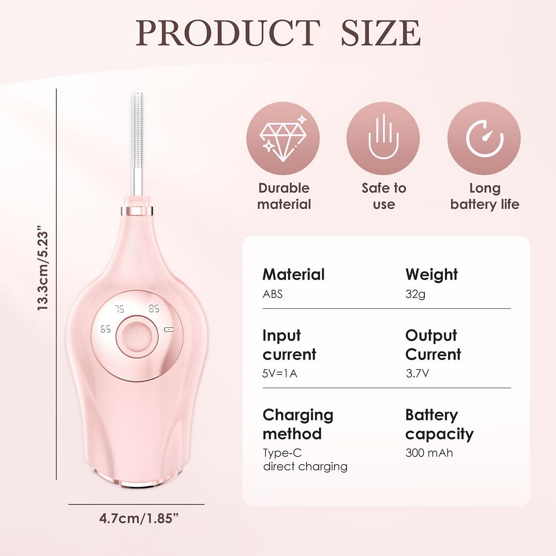 Rosa Wimpernzange, Produktdetails: Material, Gewicht, Eingangs-/Ausgangsstrom, Lademethode, Batteriekapazität.