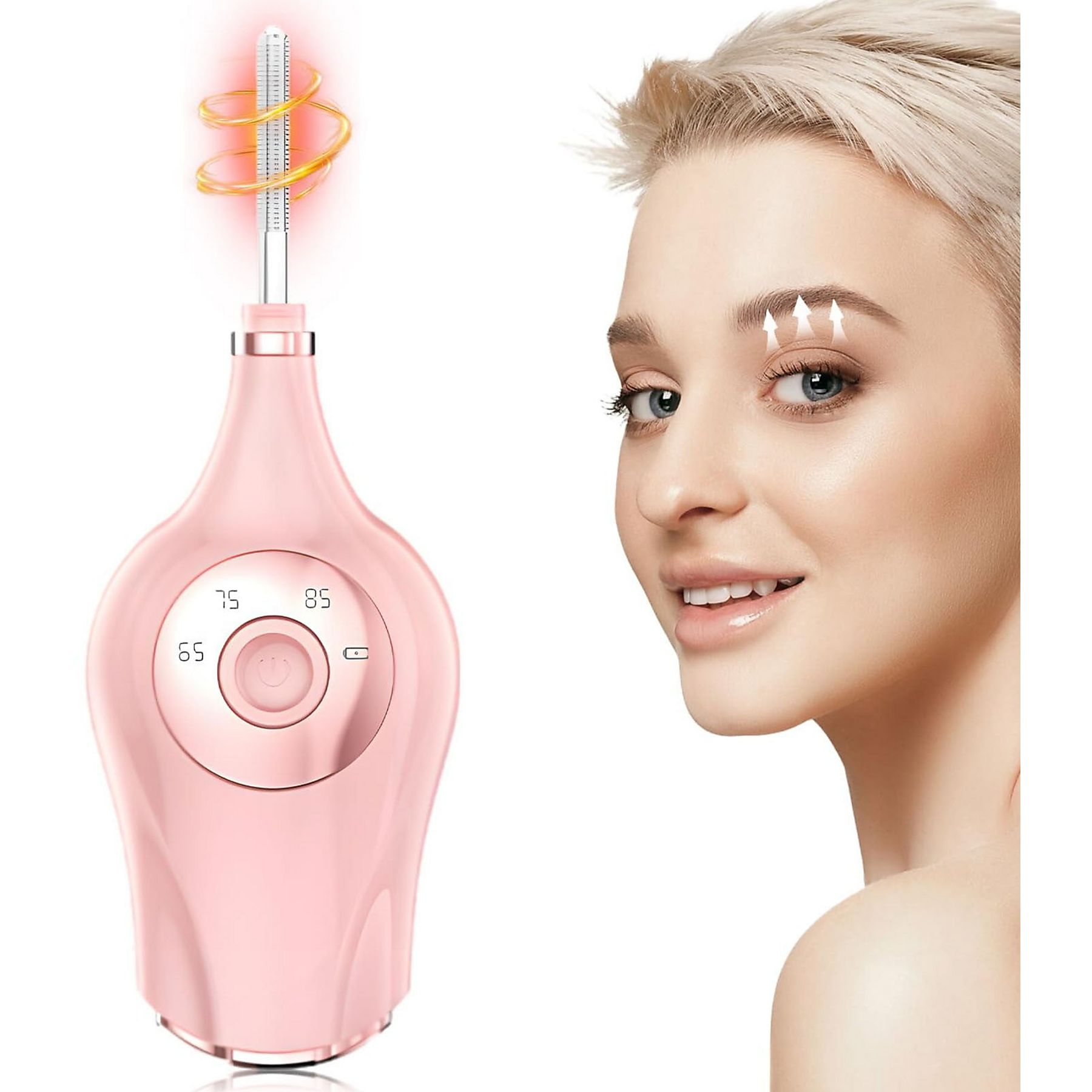 Eine Frau lächelt neben einem rosa Wimpernformer mit Heizelement und Pfeilen über ihrer Augenbraue.