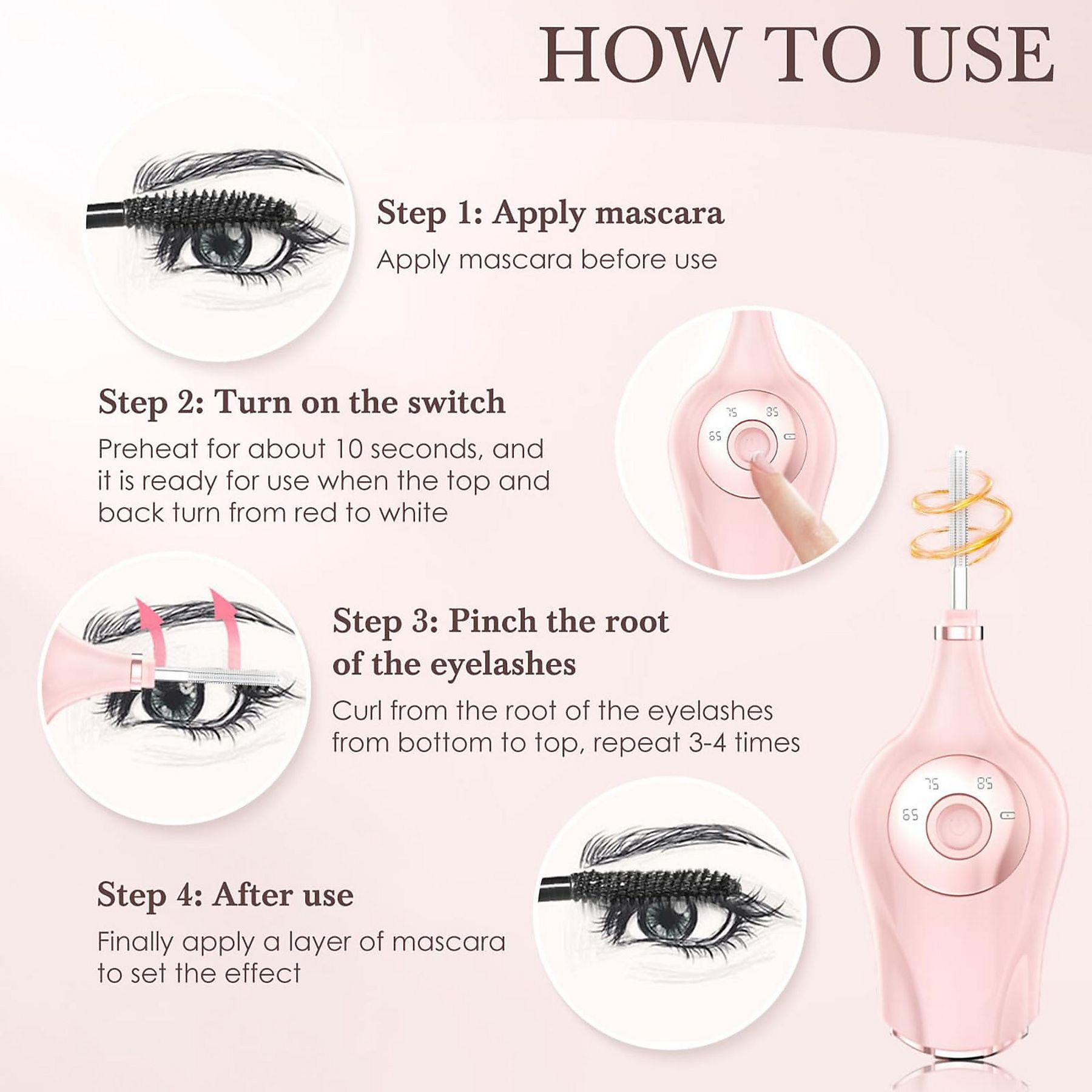 Das Bild zeigt Anweisungen zur Verwendung eines Wimperncurlers. Die Schritte umfassen das Auftragen von Mascara und die Verwendung des Curlers.