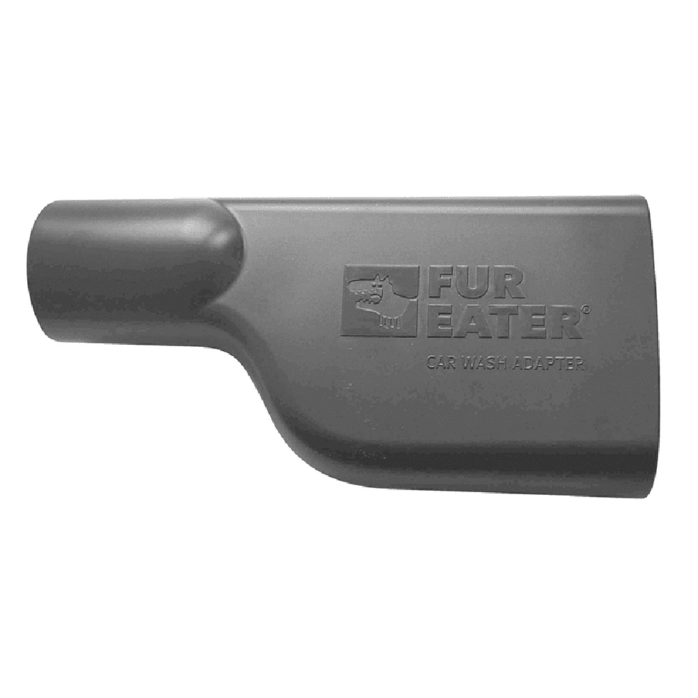 Ein grauer Kunststoff-Autoadapter "Fur Eater". Es hat eine gebogene Form mit einer Düse an einem Ende und dem Markenlogo.