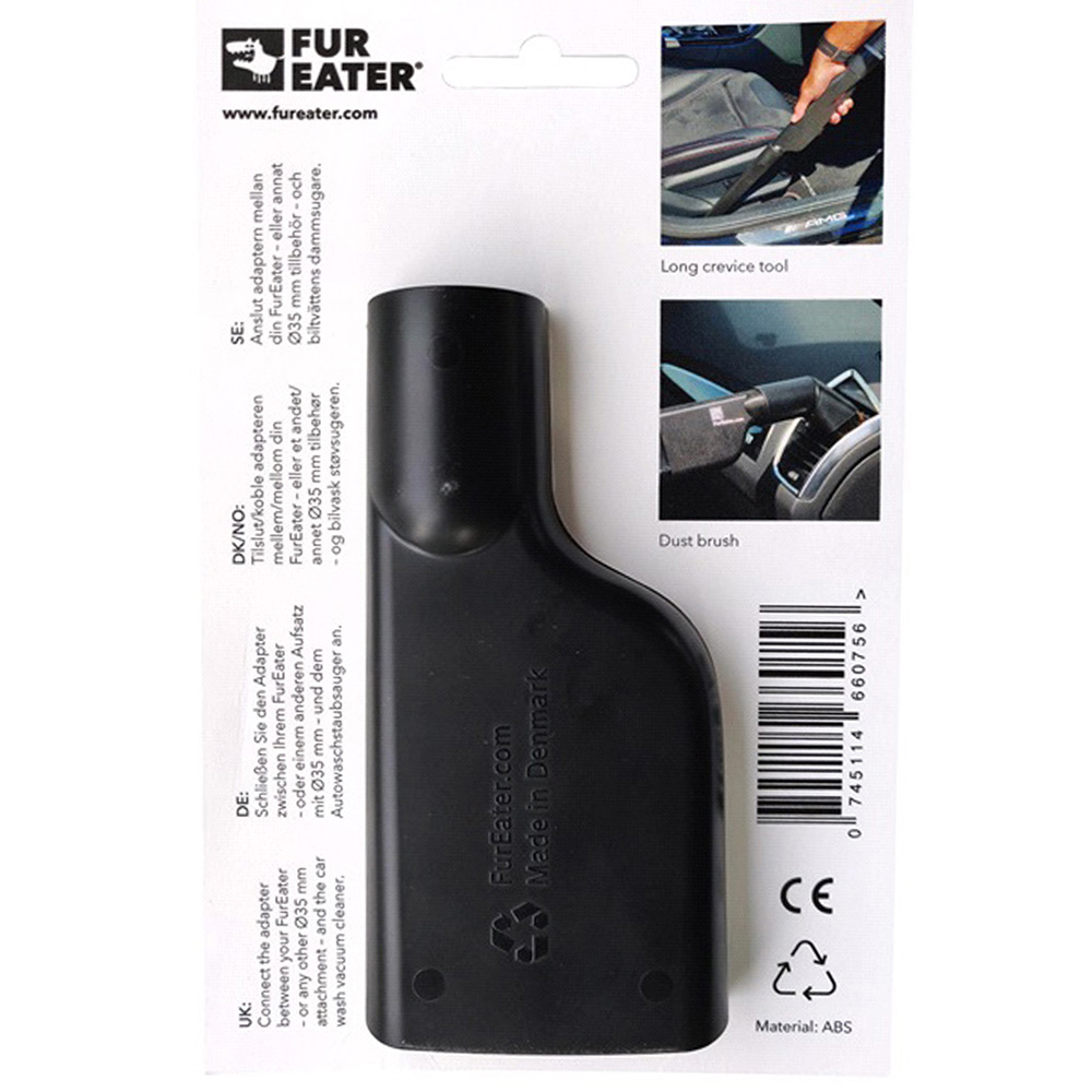 Schwarzer FurEater-Adapter mit Text und Illustrationen, darunter Beispiele für lange Fugendüse und Staubpinsel.