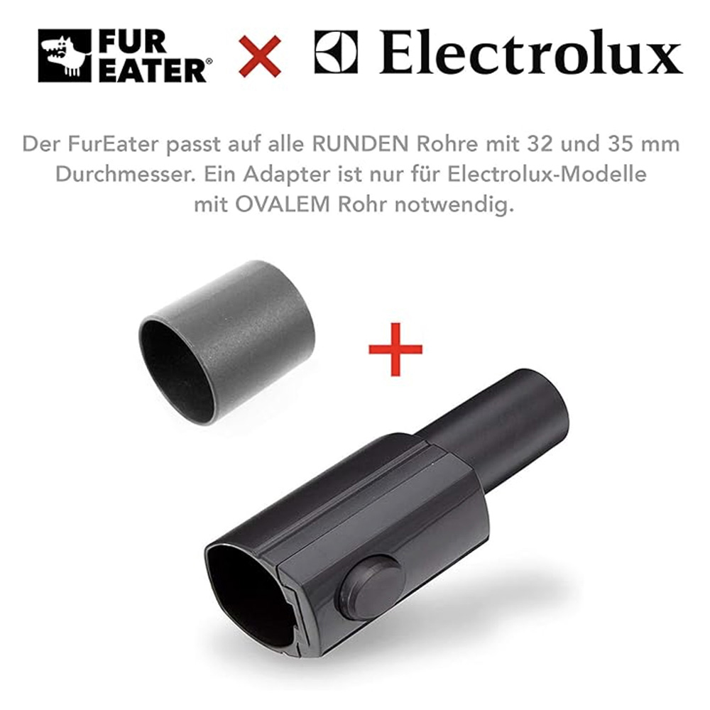 Das Bild zeigt ein FurEater-Produkt mit zwei dunkelgrauen Staubsaugeraufsätzen und dem Electrolux-Logo. Ein Pluszeichen befindet sich dazwischen.