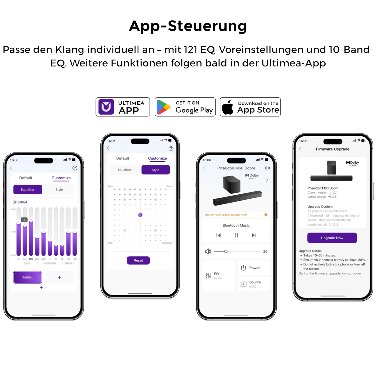 App-Oberfläche mit Equalizer-Einstellungen auf einem Telefon, mit mehreren App-Store-Download-Schaltflächen.