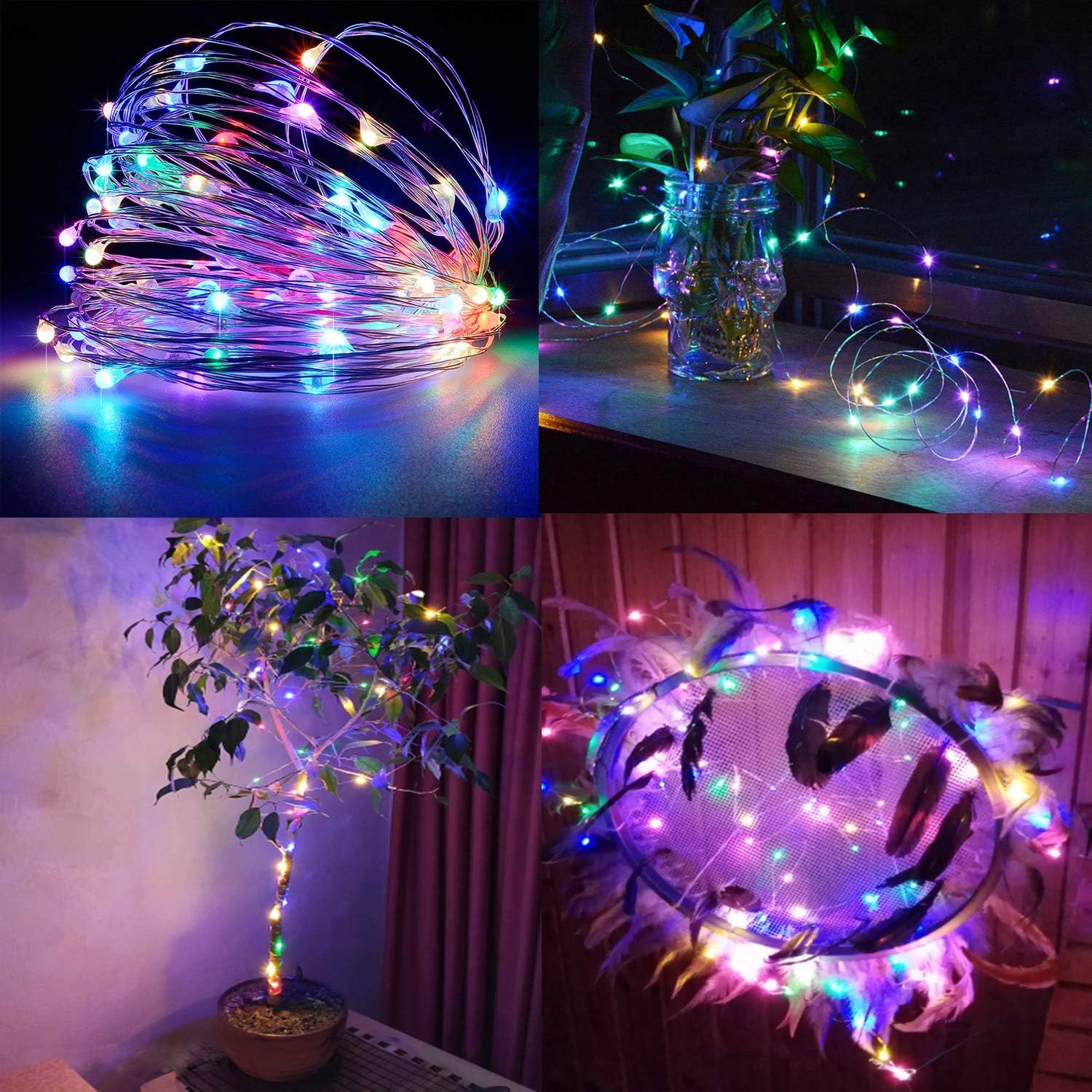 Vier Bilder mit bunten Lichterketten. Eines ist ein Bündel, eines um eine Pflanze, eines in einer Vase und eines auf einem Traumfänger.