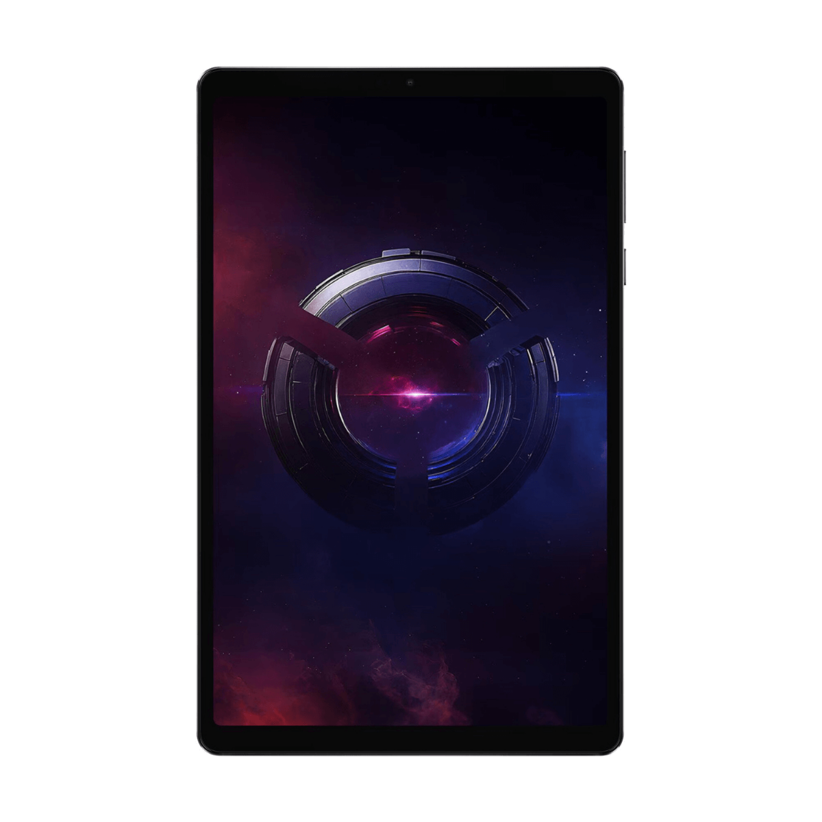Ein Tablet mit einem Bildschirm, der ein futuristisches Design zeigt. Der Bildschirm zeigt eine metallische kreisförmige Struktur vor einem Sternenhimmel.