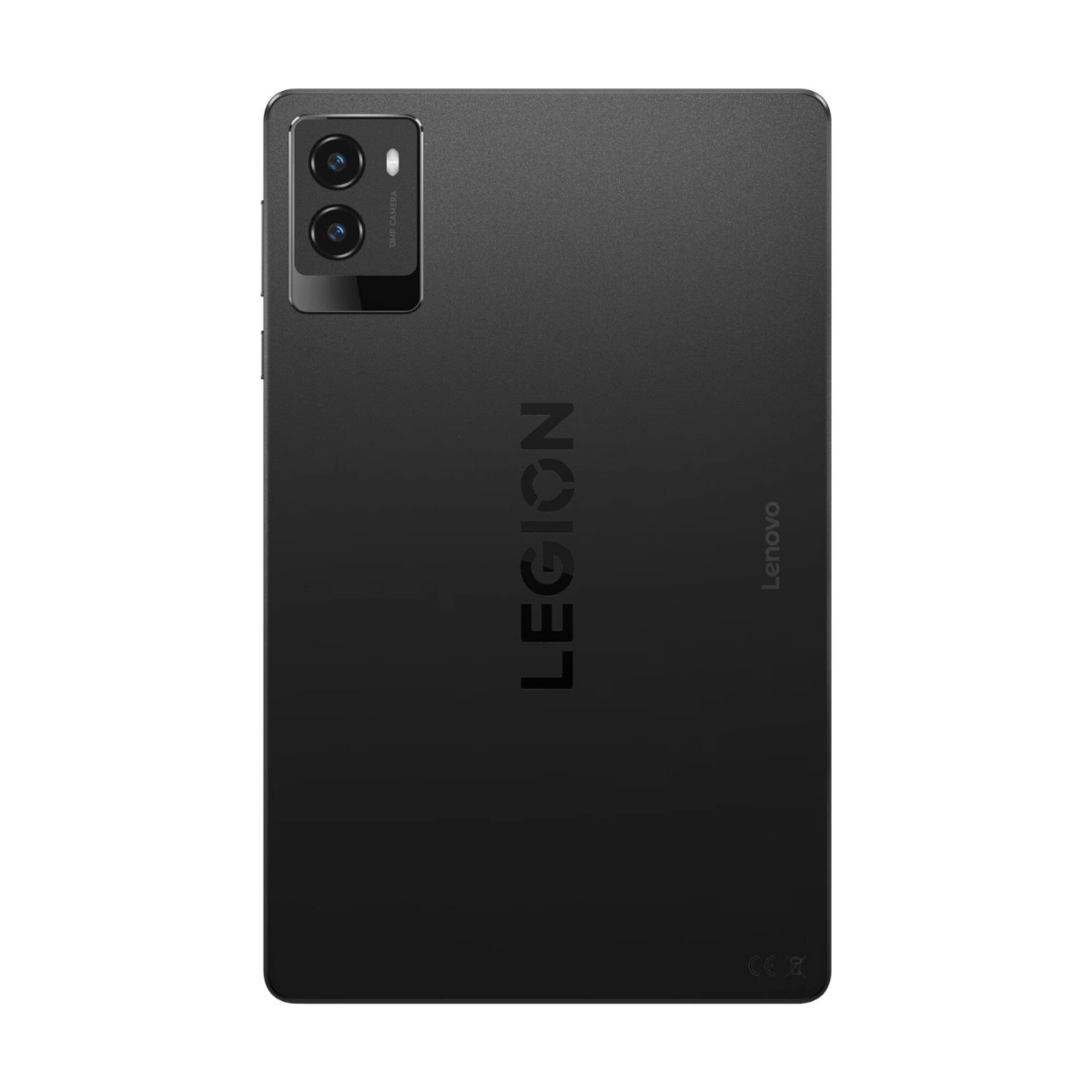 Schwarze Lenovo Legion Tablet-Rückseite. Duale Kamera oben links, Legion-Logo vertikal, Lenovo-Logo rechts.