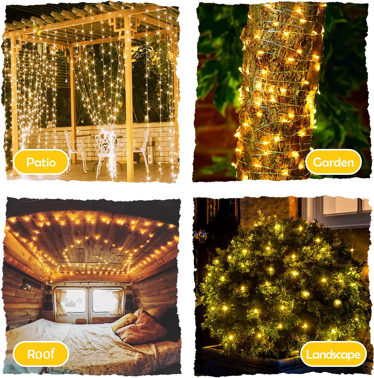 Das Bild zeigt vier Szenen: eine Terrasse mit Lichterketten, einen Baumstamm mit Lichtern, einen Van-Innenraum mit Lichtern und einen beleuchteten Busch.
