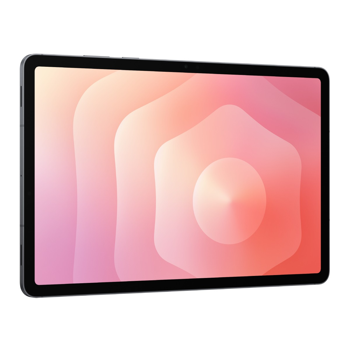 Un tablet con uno schermo che mostra un design sfumato rosa e arancione. Il tablet ha un bordo nero e una cornice grigia.