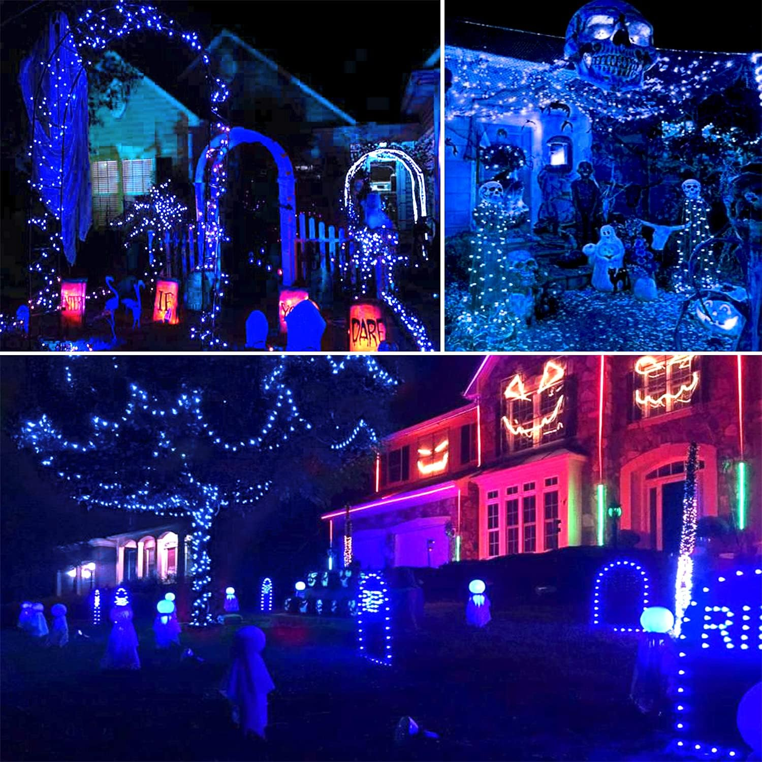 Halloween-Dekorationen mit blauen Lichtern, Geistern und einem gruseligen Haus. Bögen und Grabsteine sind sichtbar, was eine festliche Szene schafft.