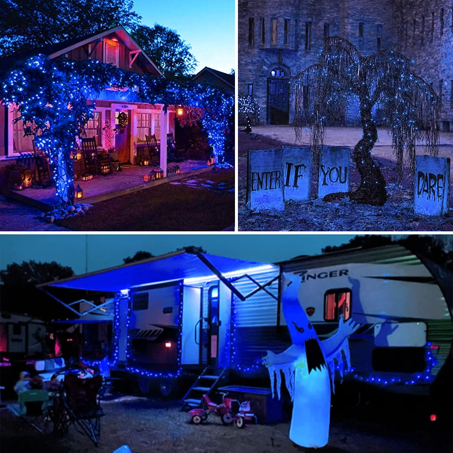 Halloween-Dekorationen. Ein Haus mit blauen Lichtern, ein Baum mit blauen Lichtern und ein Wohnmobil mit Geisterdekoration.