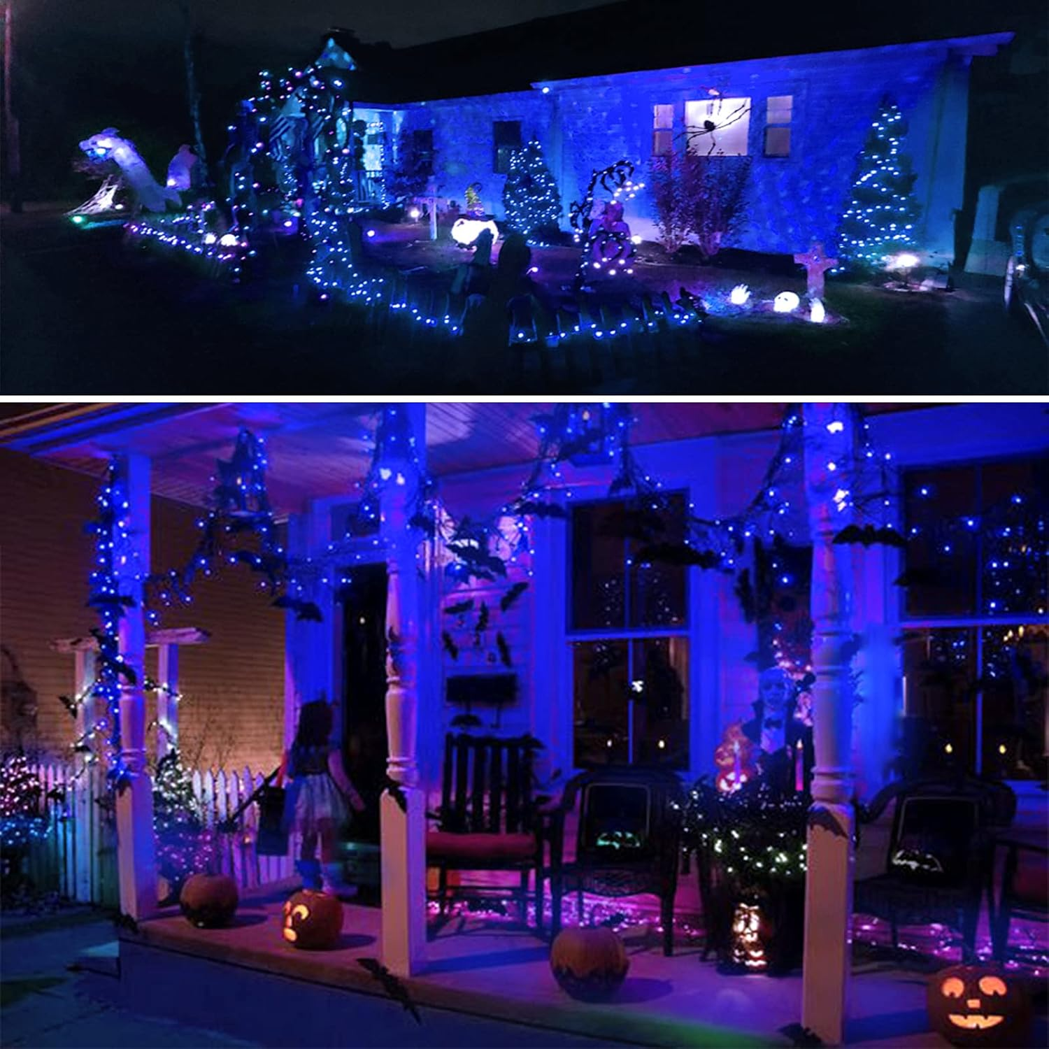 Ein Haus, das nachts für Halloween dekoriert ist. Blaue Lichter und Dekorationen sind auf dem Rasen und der Veranda zu sehen.