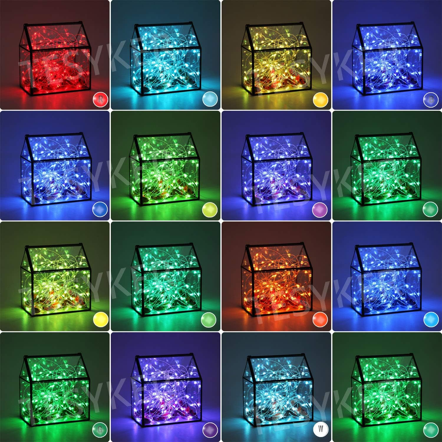 16 Glas-Hausdekorationen mit LED-Lichtern in verschiedenen Farben. Jedes Haus hat einen schwarzen Rahmen und farbiges Licht.