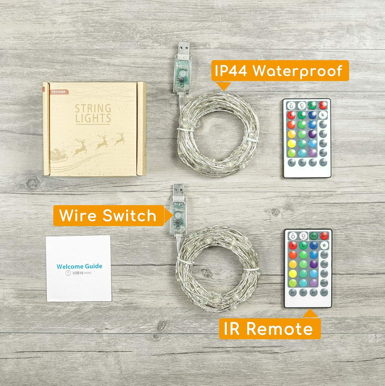Lichterketten-Set mit Fernbedienung, Box und Willkommensanleitung. Enthält Drahtschalter und IP44-Wasserdichtigkeit.