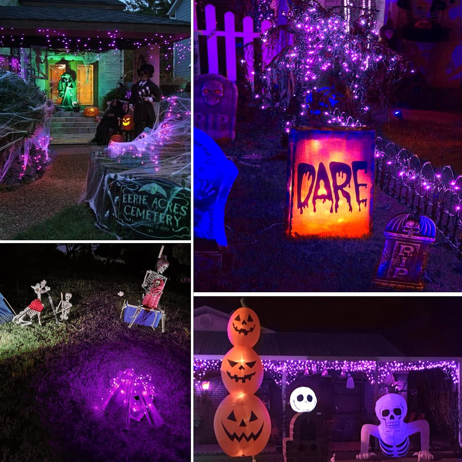 Eine Halloween-Szene mit Dekorationen: Kürbisse, Skelette, Grabsteine und lila Lichter. Ein Haus ist für Halloween dekoriert.