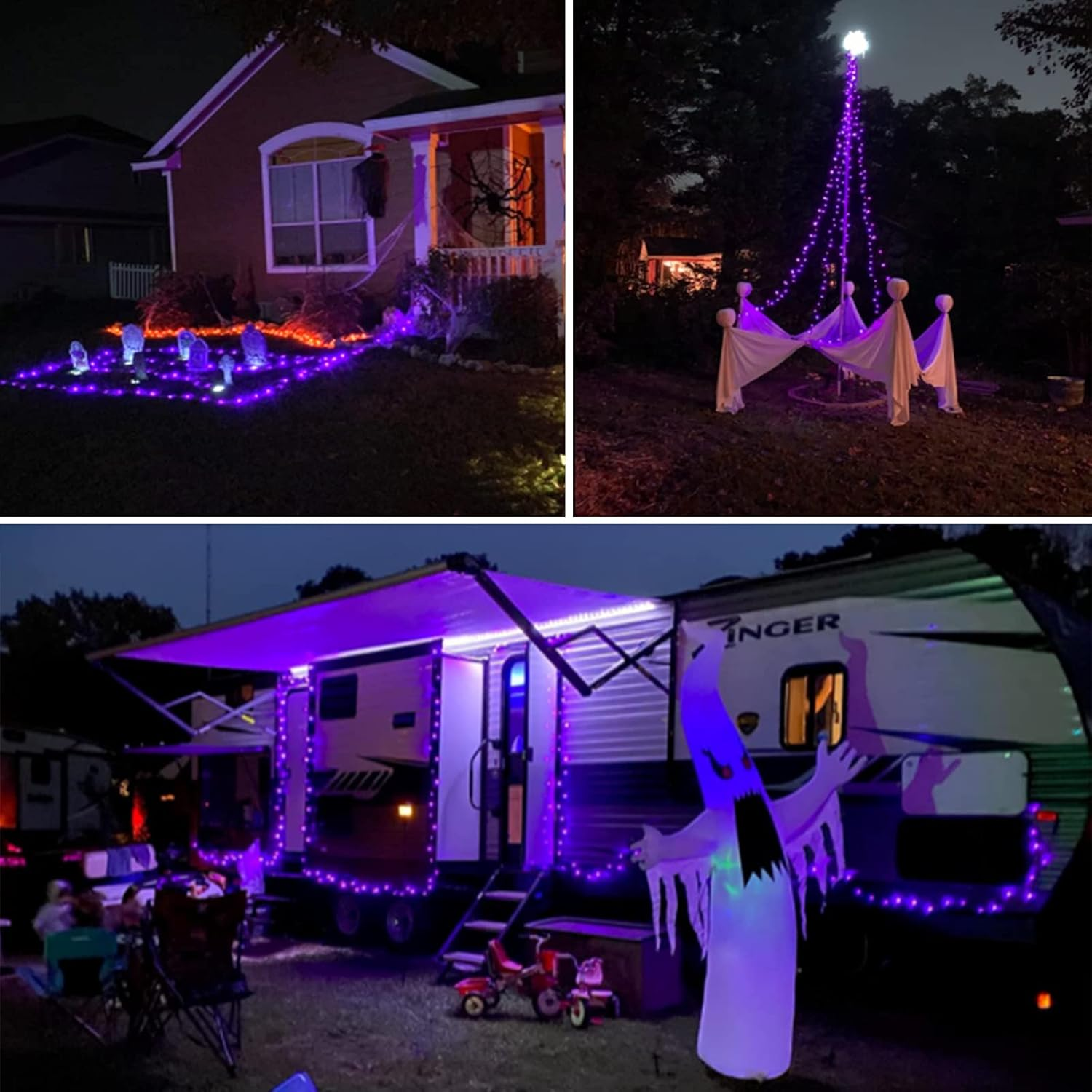 Halloween-Dekorationen. Ein Haus mit Spinnennetz, lila Lichtern und Grabsteinen. Ein Baum mit lila Lichtern. Ein Wohnmobil mit einem Geist.
