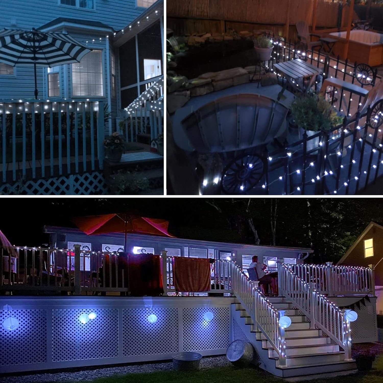 Eine Nachtszene mit Lichterketten, die eine Hinterhof-Terrasse und -Treppe beleuchten, mit einem Sonnenschirm und Bäumen.