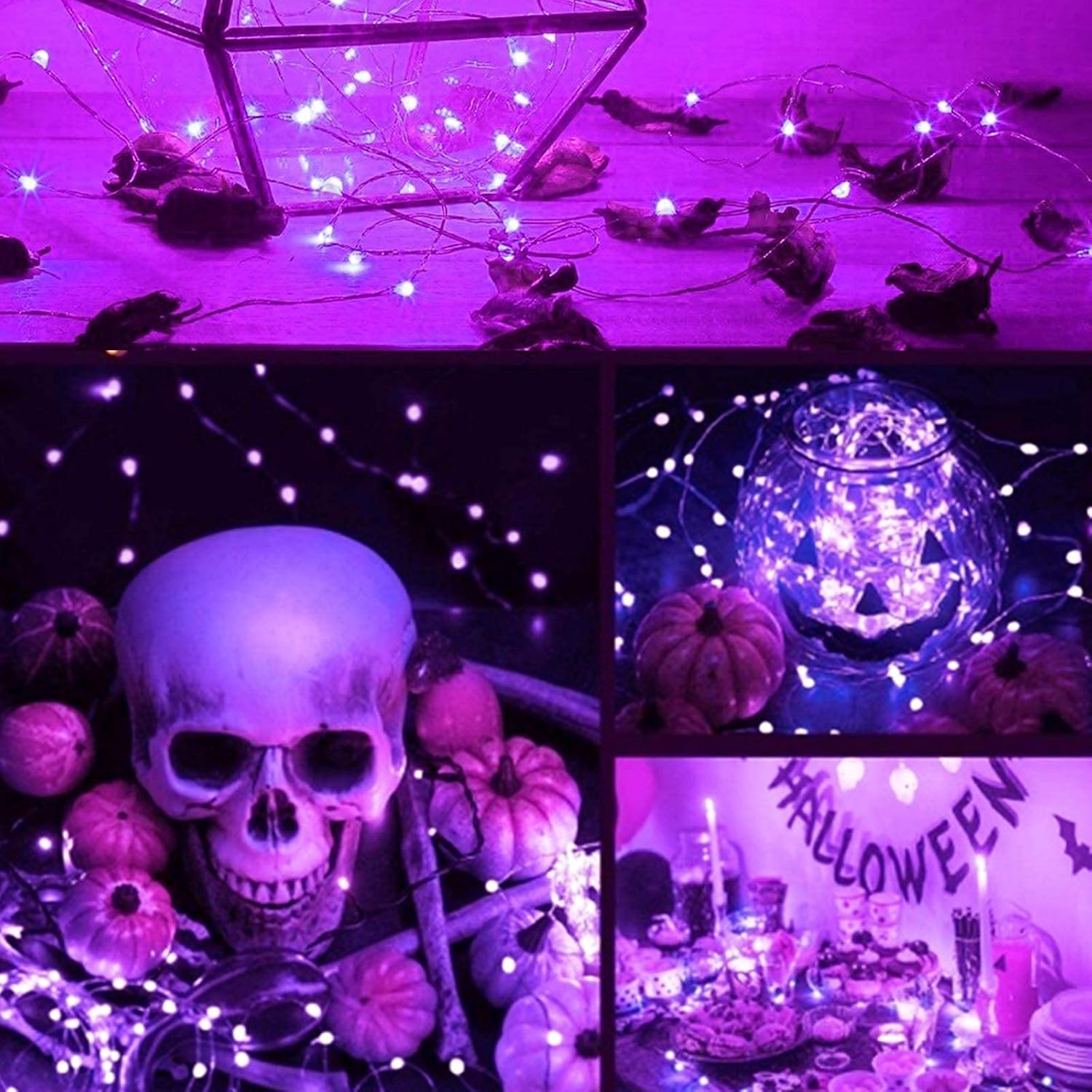 Halloween-Dekorationen: Schädel, Kürbisse, Lichterketten und ein 'Halloween'-Banner in einer violett beleuchteten Szene. Inklusive einer Glasbox mit Lichtern.