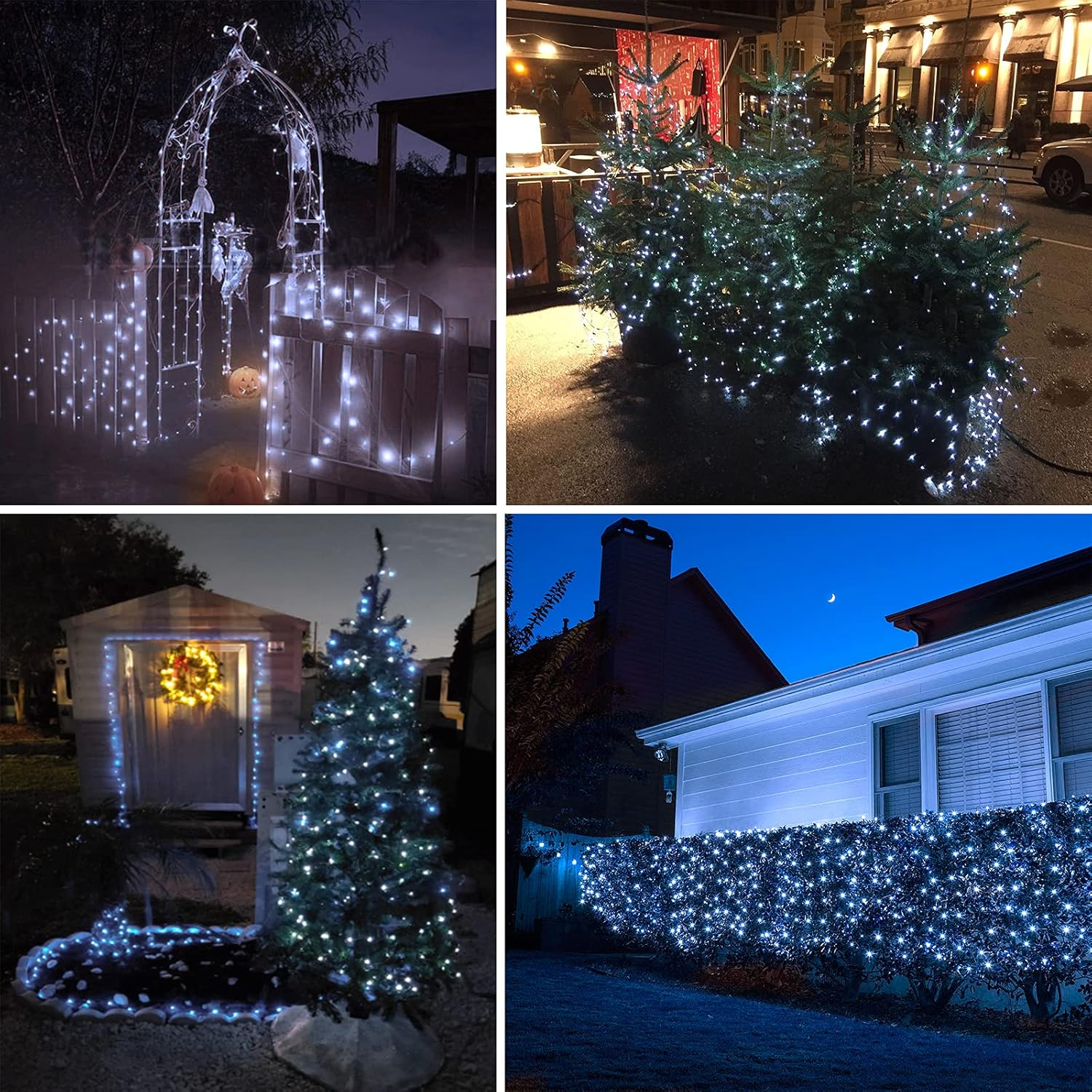 Das Bild zeigt vier Szenen mit Lichtern. Die erste zeigt einen Bogen und einen Zaun mit weißen Lichtern. Die zweite zeigt Weihnachtsbäume.