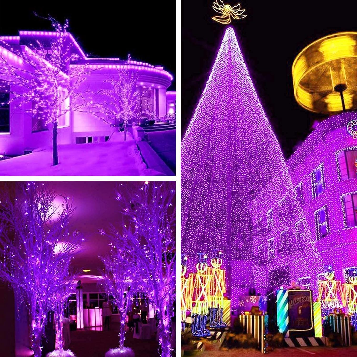 Gebäude und Bäume sind mit lila Lichtern beleuchtet. Ein großer Weihnachtsbaum ist mit lila Lichtern geschmückt, Engel oben.