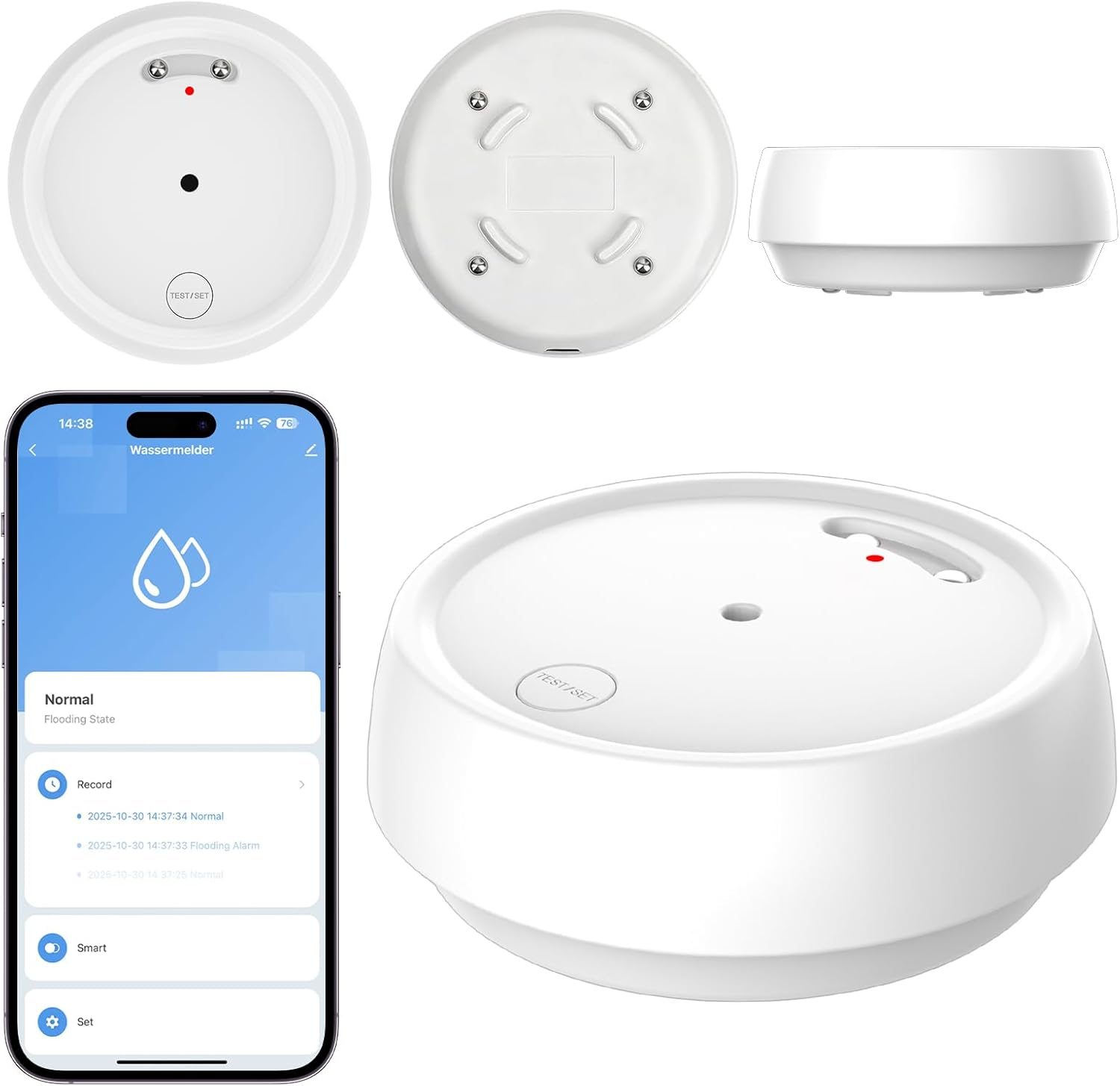 Ein weißer Überflutungssensor mit rotem Licht, ein Smartphone, das den Überflutungszustand anzeigt, und mehrere Ansichten des Sensors.