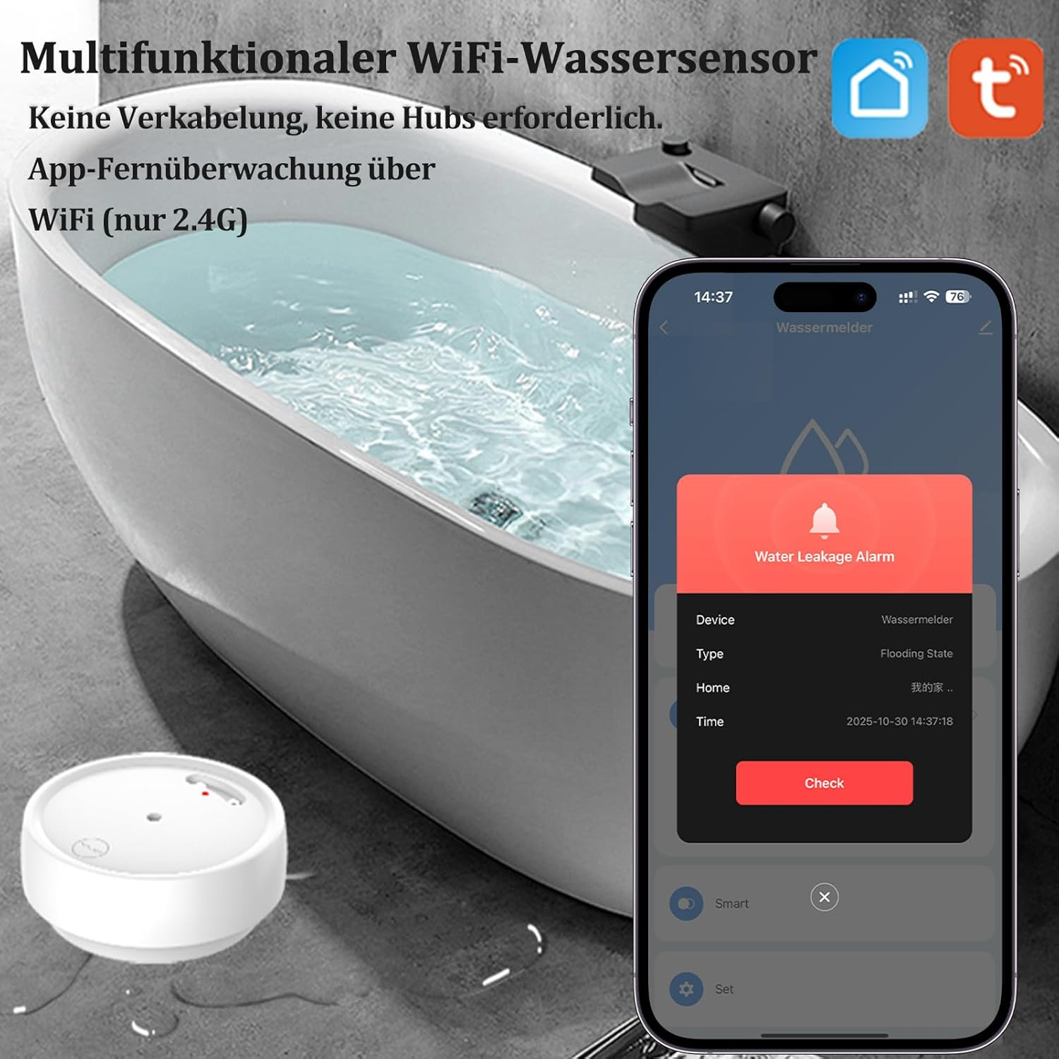 Ein weißer Wassersensor wird in der Nähe einer Badewanne gezeigt. Ein Telefon zeigt einen Wasseraustrittsalarm. Text auf Deutsch ist ebenfalls sichtbar.