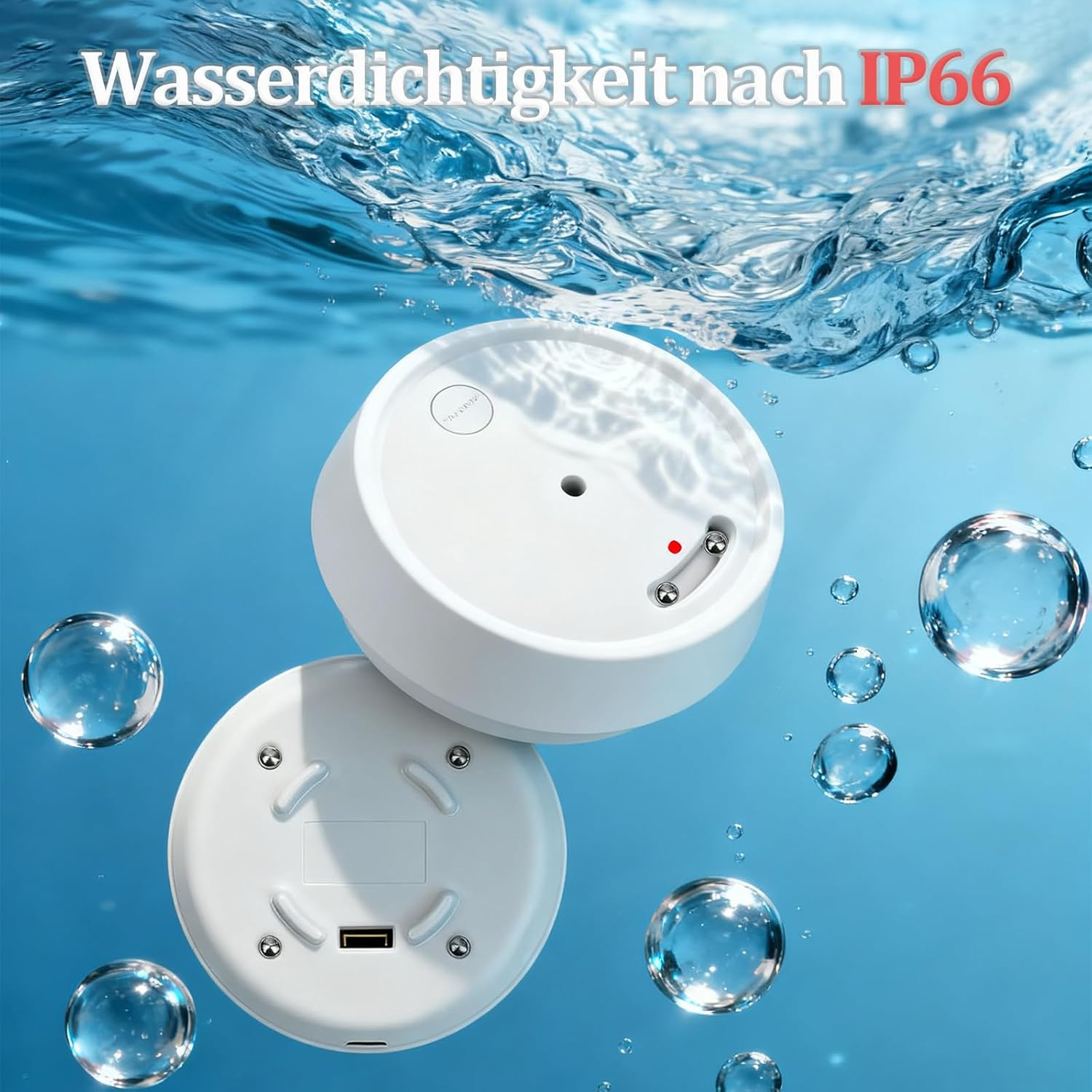 Zwei weiße, runde Geräte im Wasser. Blasen schweben herum. Text sagt 'Wasserdicht IP66'.