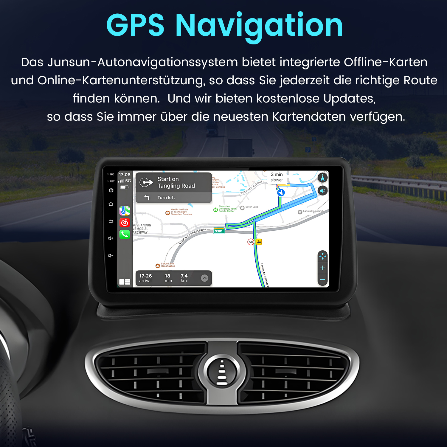 Auto-GPS-Navigationsbildschirm mit Routenkarte und Textüberlagerung. Armaturenbrett und Lüftung sind im Vordergrund sichtbar.