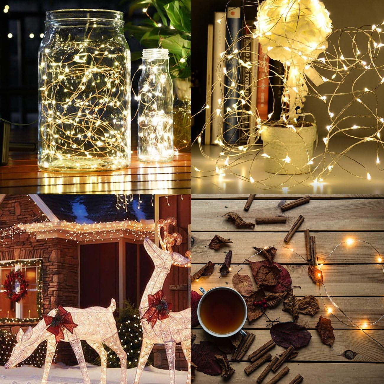 Vier Bilder mit Lichterketten: Gläser, eine Pflanze, ein Haus mit Rentieren und ein Tisch mit Tee und Zimt.