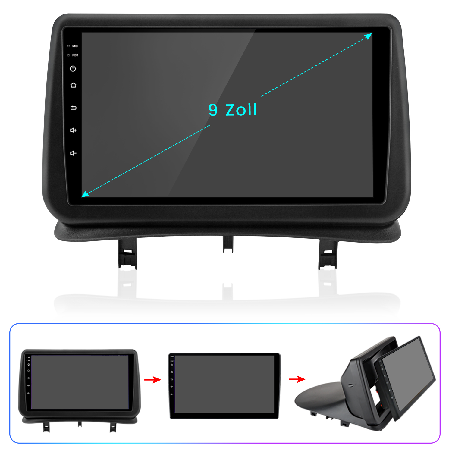 Ein Auto-Multimedia-System mit einem 9-Zoll-Bildschirm wird angezeigt. Drei Bilder zeigen die Installationsschritte. Der Bildschirm ist schwarz und zeigt einige Tasten.